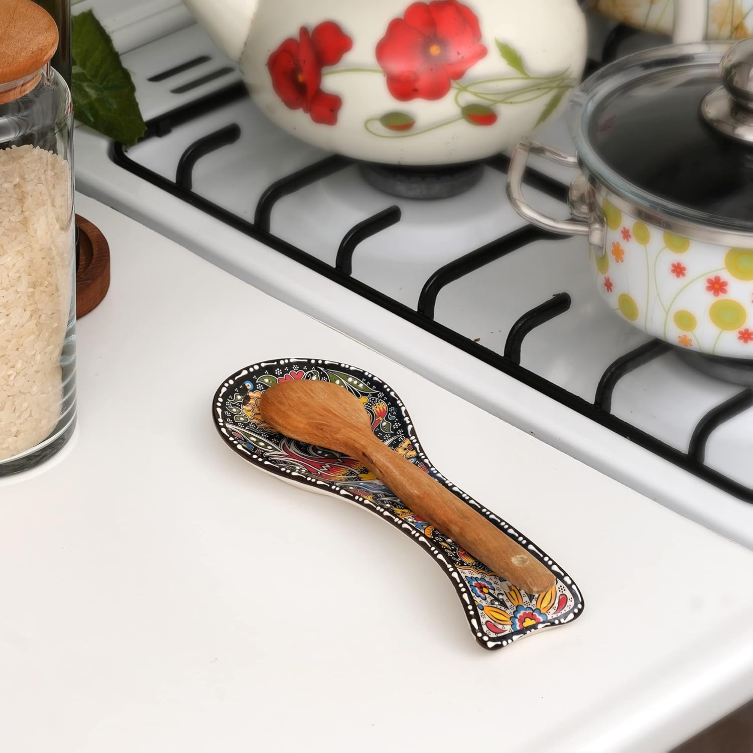 BCS Spoon Rest Set of 2 - Ceramic Spoon Holder for Stovetop & Kitchen Counter - Dishwasher Safe Handmade Kitchen Utensil (Yellow-Black 3.5” W x 9" L)