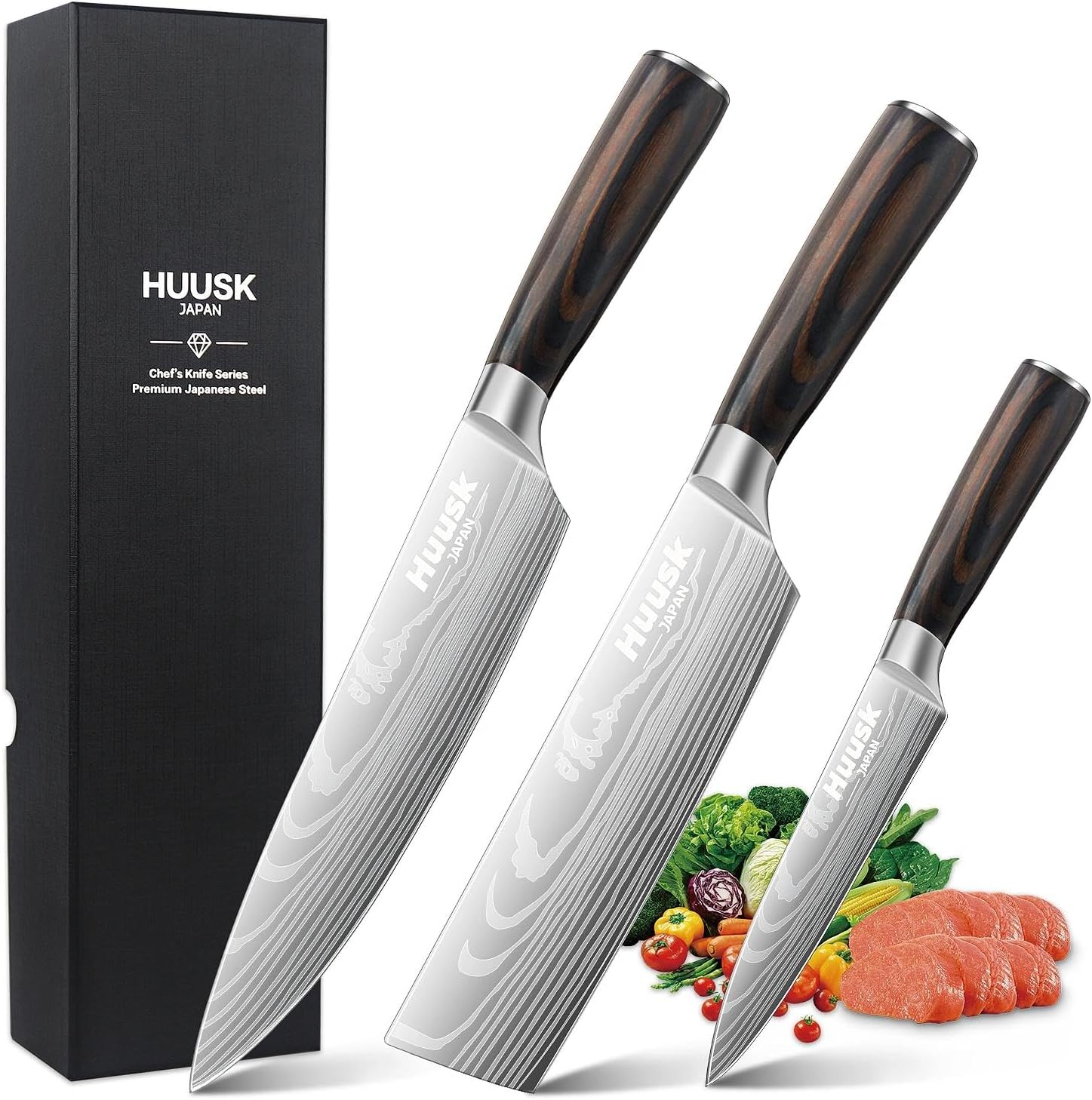 Huusk Chef Knife Set Japanese, Professional Kitchen Knife Set, Ultra Sharp Cooking Knives Sets with Wood Handle for Home, Outdoor Camping BBQ, Gift for Men and Women