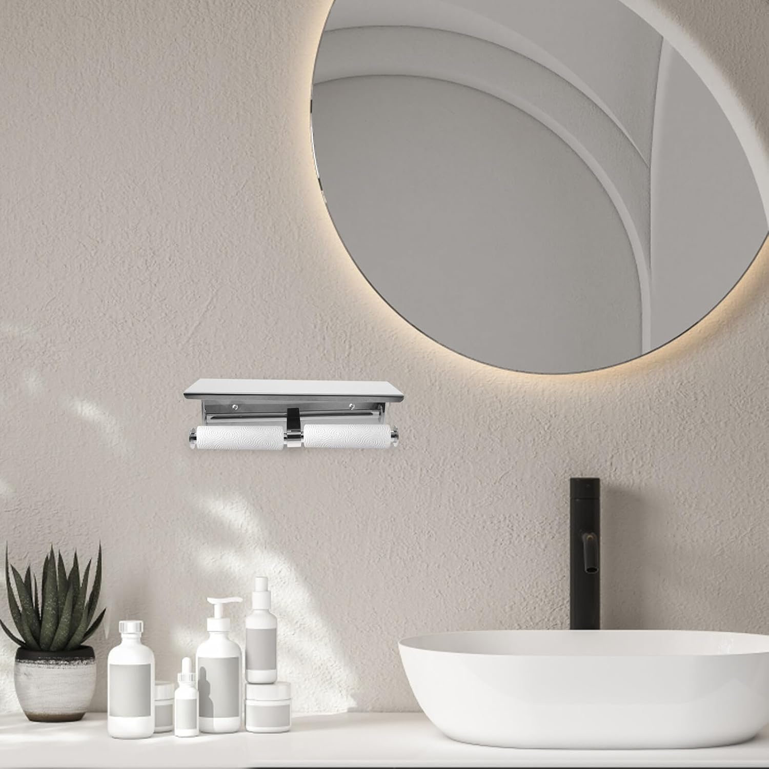 Double Stainless Steel Toilet Paper Holder with Shelf, 304 Stainless Steel Tissue Dispenser Wall Mount for Bathroom and Hotel, Dual Toilet Roll Holder with Phone Storage