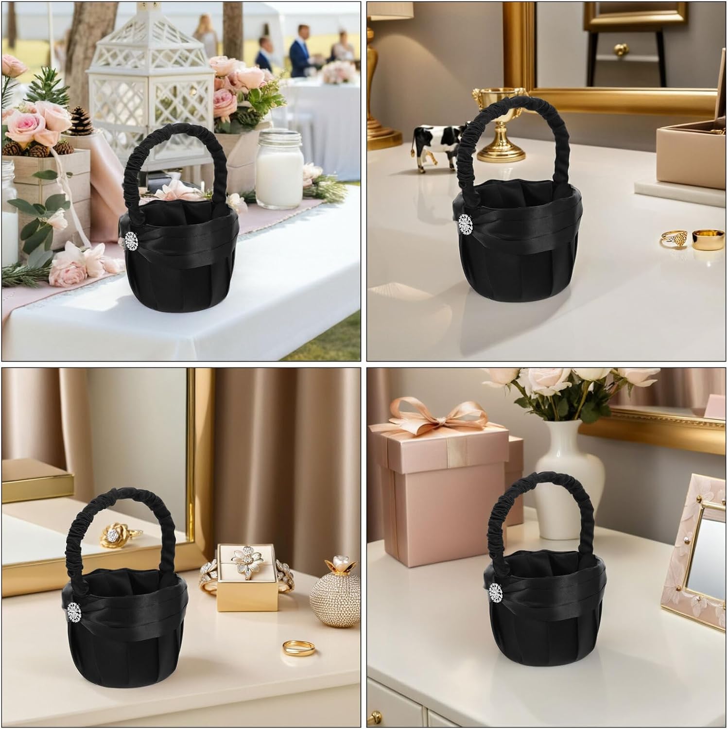 VALICLUD 2pcs Black Rhinestone Flower Girl Baskets 13x22cm Bridal Wedding Confetti Basket Rustic Floral for Ceremony Party Favor and Rose Petals
