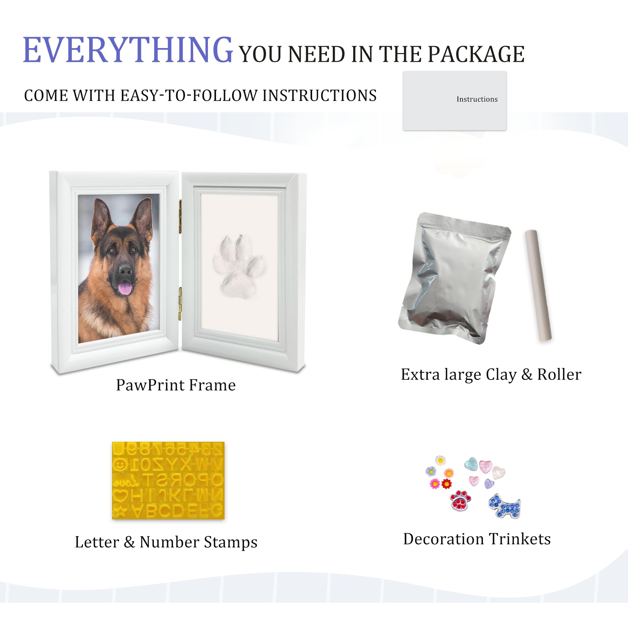 MYPAWLETS Kit de impresión de huellas de perro o gato con baratijas, kit de impresión de huellas de mascotas con 2 arcillas, marco de fotos de madera para perro, tamaño grande, color blanco
