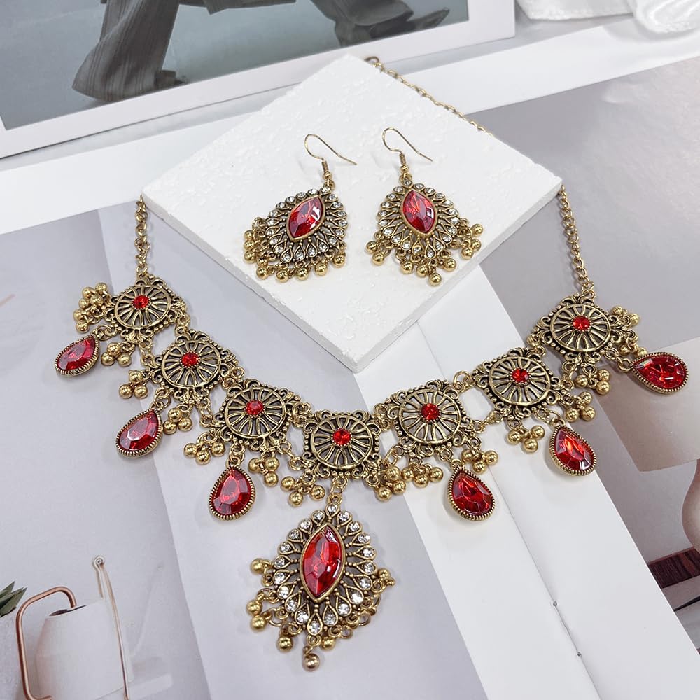 Retro Hollow Out Jewellery Set Traditional Bridal Choker Necklace Earring For Women Crystal Bollywood Statement Boho Exaggerated Ethnic Antique Oxidized Beads Tassel Classic Wedding Party Gift - Image 5