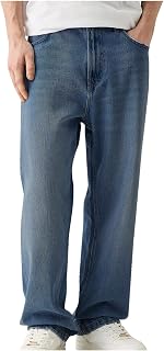 Men's Washed Pants Button Zip Low Rise Straight Jeans with Pockets