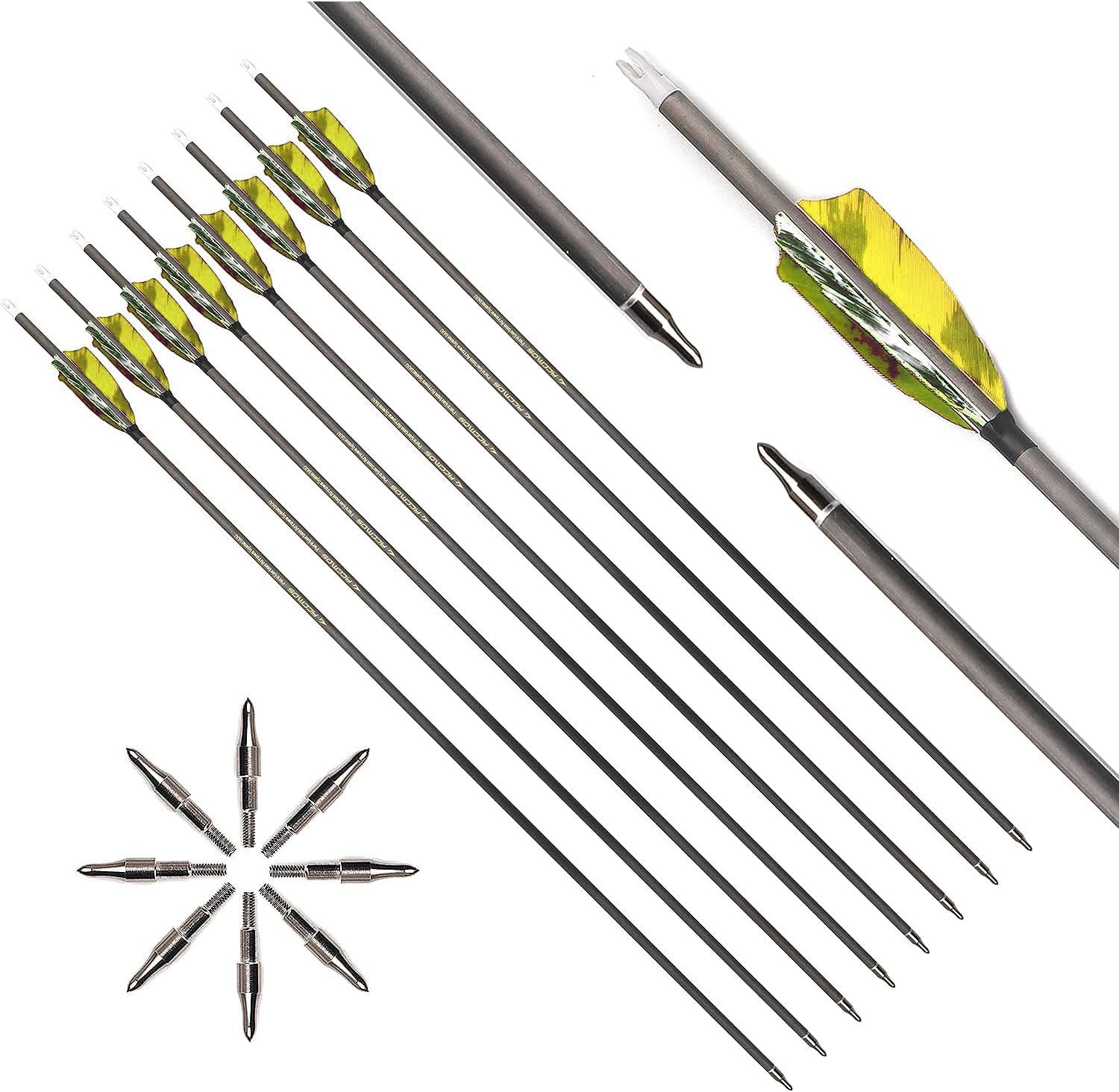 6/12pc Custom Length Feathered Carbon Arrows 300/350/400/500/600/700/800 Spine Removable Tips 3" Turkey Feather Targeting Hunting Arrow for Traditional Bow Long-Bow Recurve Bow Compound Bow Archery A1