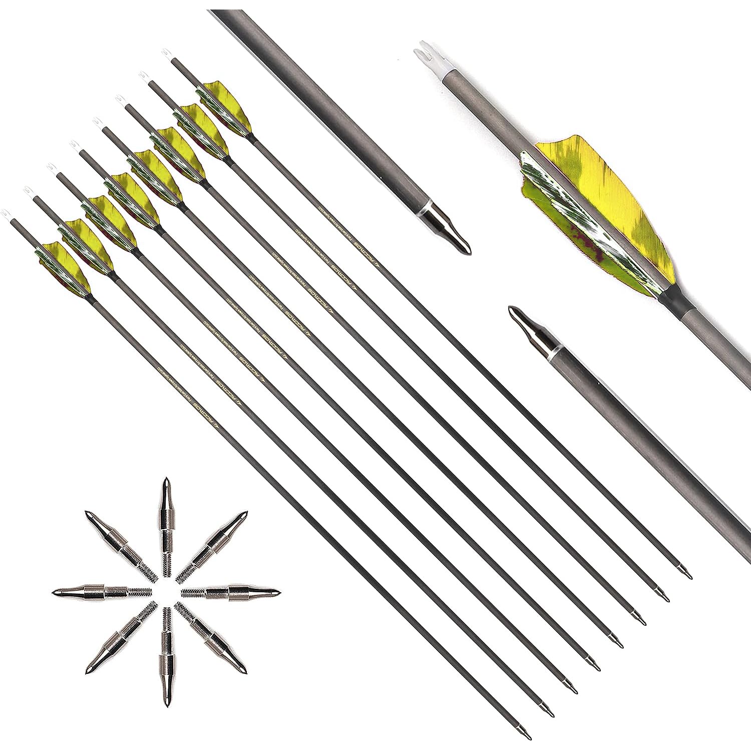 6pc 30-Inch 800-Spine Arrow Removable Tips Targeting Hunting Arrow 3" Turkey Feather Feathered Carbon Arrows for Traditional Bow Long-Bow Recurve Bow Compound Bow Adult Youth Archery Camo Yellow A1