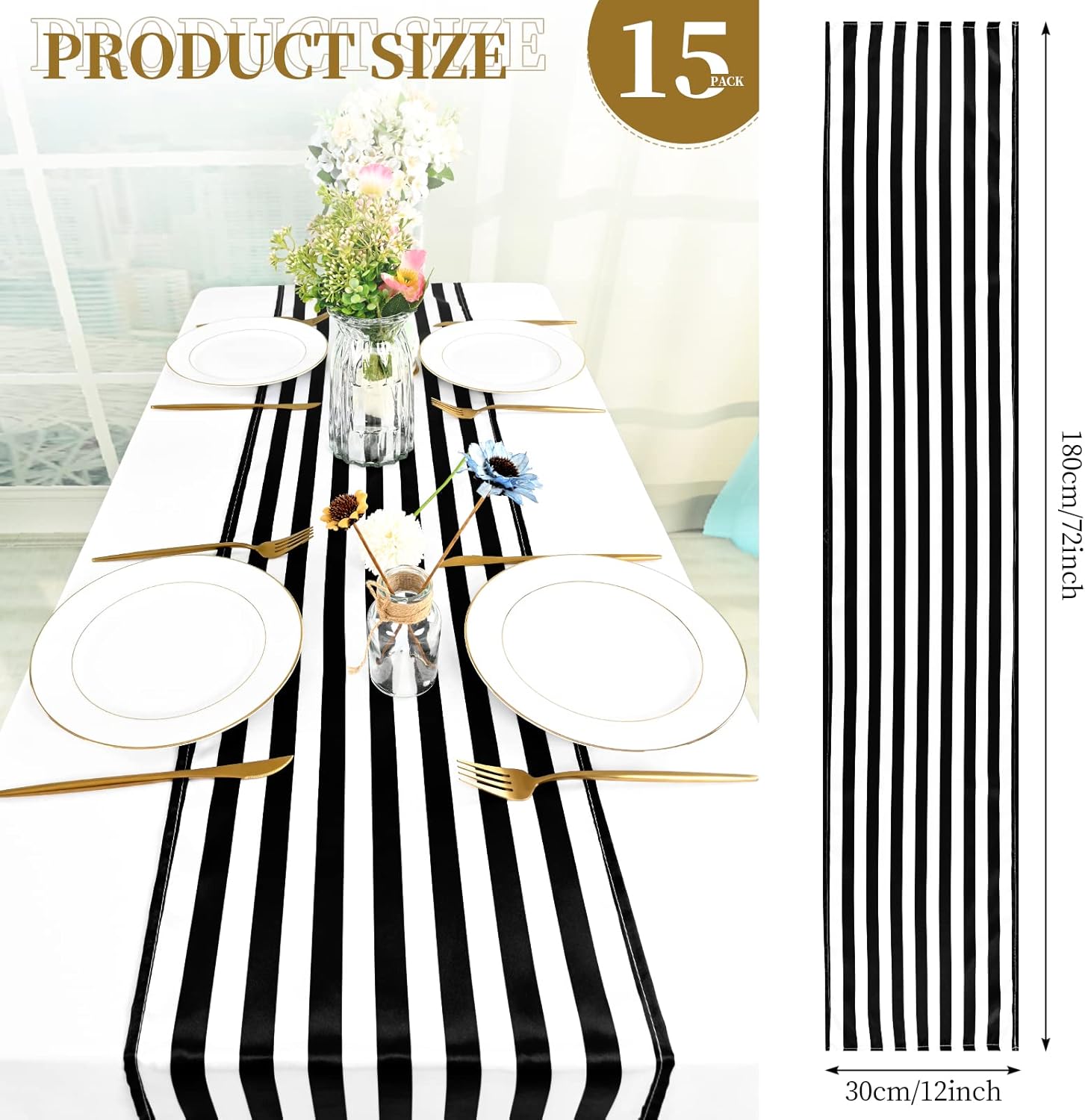 fani 15 Pack Striped Table Runner Polyester Black and White Striped Table Runner Classic Elegant Table Decor for Birthday Wedding Party Decorations Indoor Outdoor Events(12 x 72 Inch)