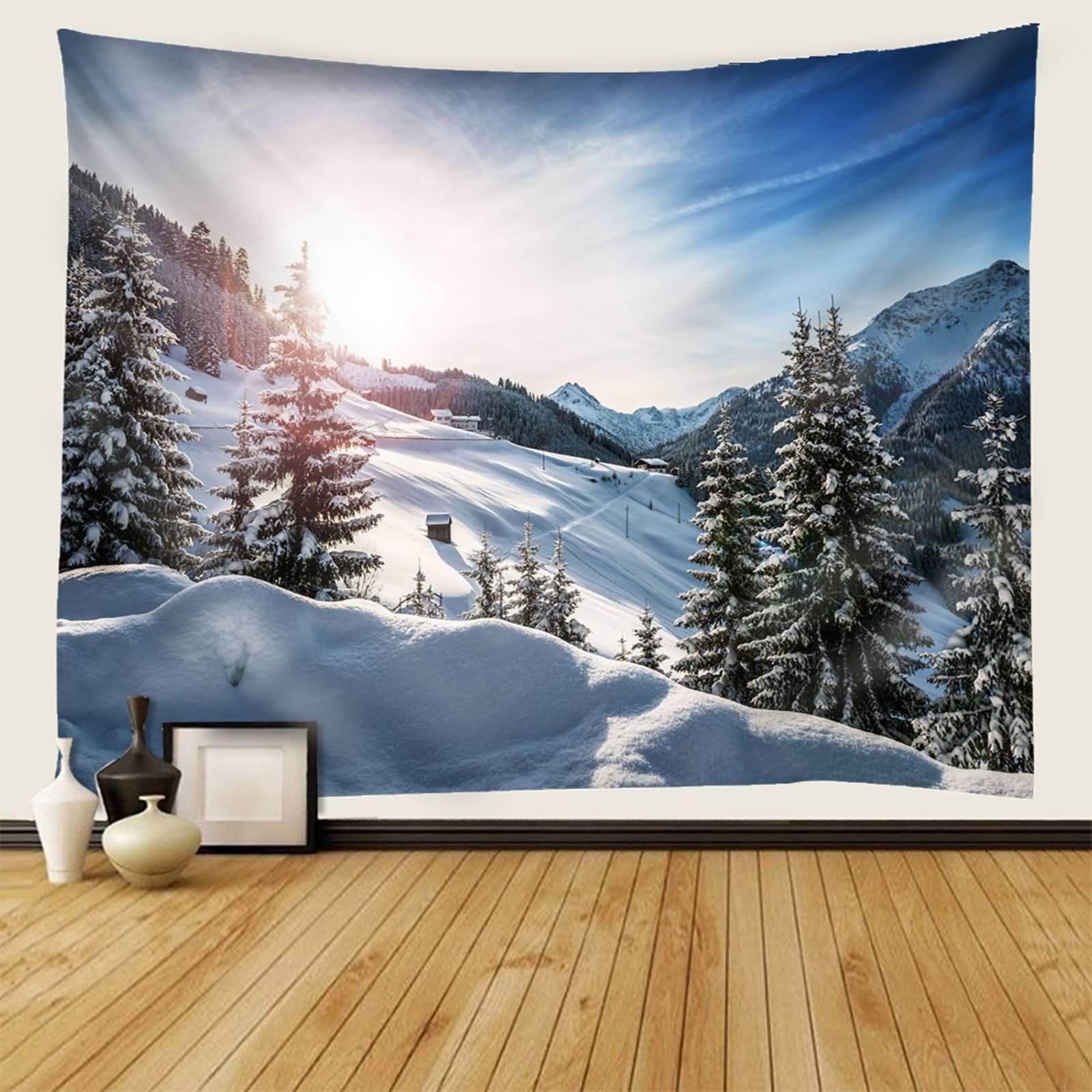 Natur Tapisserie Wandbehang | Polyester Natürlicher Baum Berg Schnee Winterlandschaft Wanddeko für Schlafzimmer Wohnzimmer | Grau Blau Grün, 350x256cm