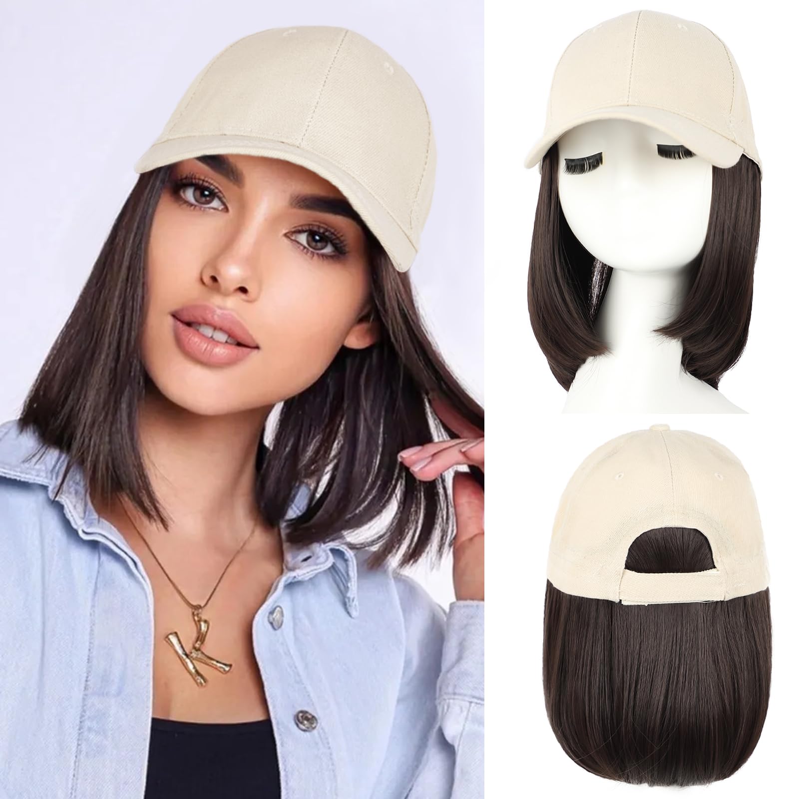 CHRSHN Hat Wigs for Women Baseball Cap With Hair Extensions Synthetic Short Straight Bob Hats with Hair Attached for Women Adjustable Hat Wig for
