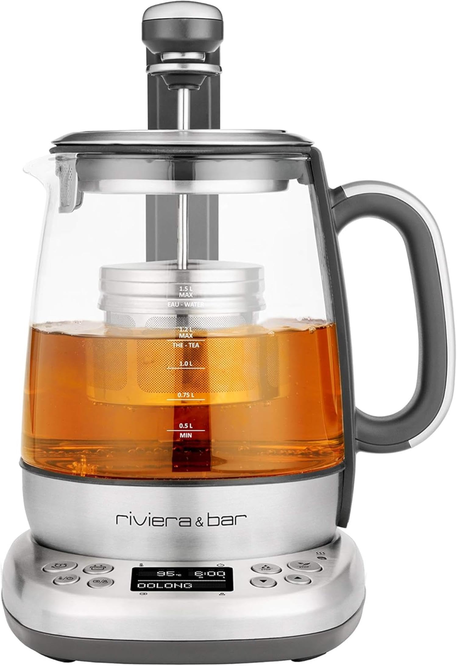 riviera&bar Théière Bouilloire CHA DAO EXPERT à Température Réglable - Verre Trempé et Inox, Mode Silencieux, Infusion Thé Optimale, Écran LCD, Programmes Personnalisables - 1,5L - Inox