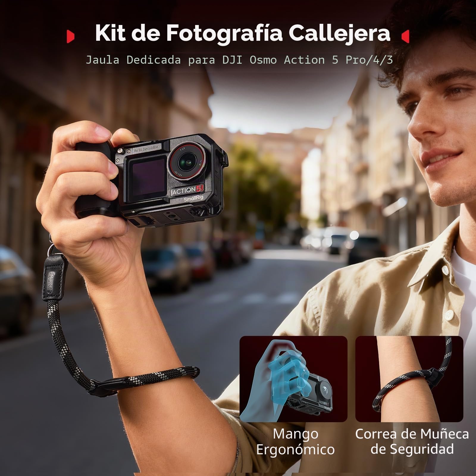 SMALLRIG Kit Jaula para DJI Action 5 Pro/4/3 con Jaula, Empuñadura de Liberación Rápida con Botón de Disparo, Zapata Fría y Roscas 1/4" para Trípodes - 5602