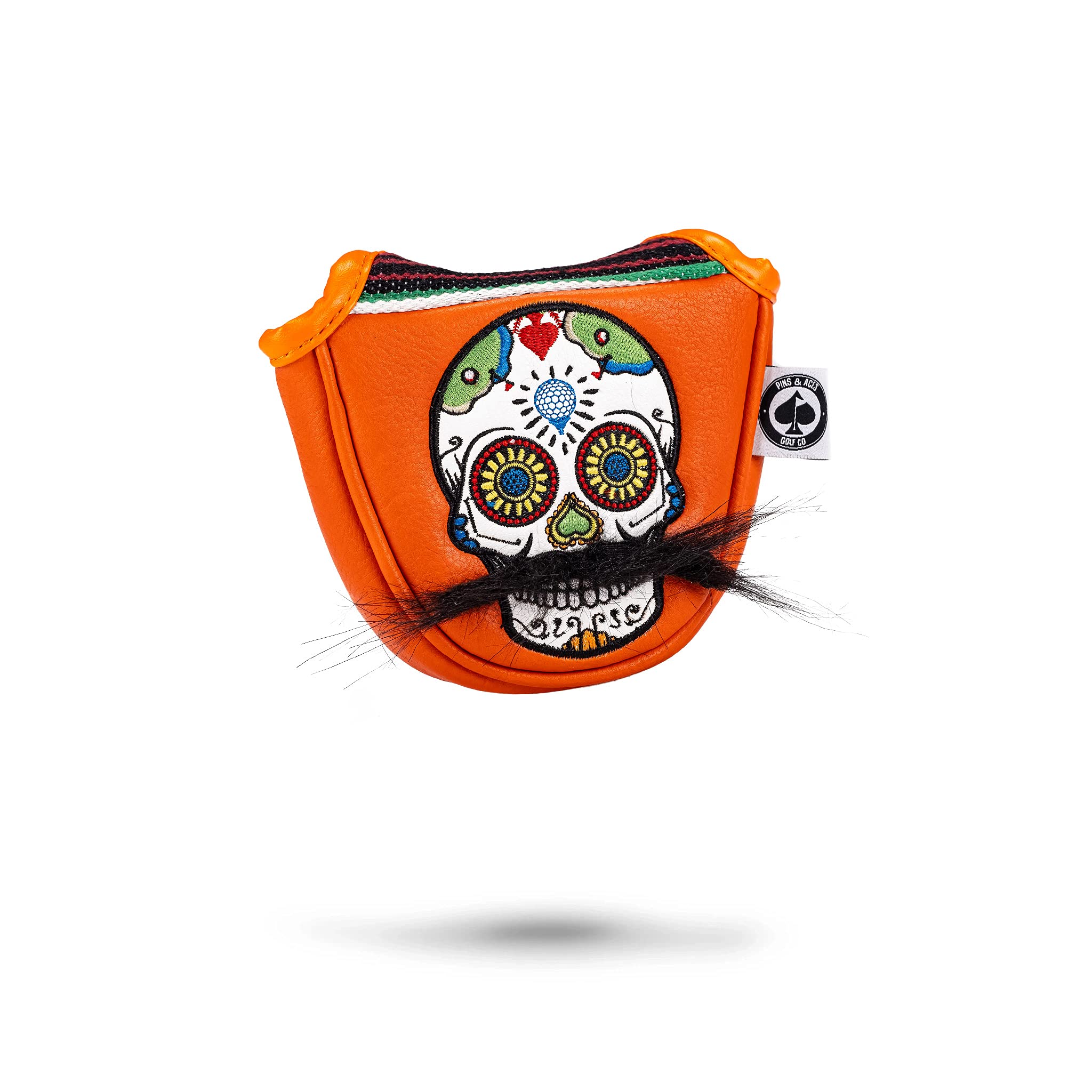 Pins & Aces LE Sugar Skull Mustache Mallet Putter Head Cover - Premium, Hand-Made Leather Putter Headcover - Funny, Tour Quality Golf Club Cover - Style and Customize Your Golf Bag