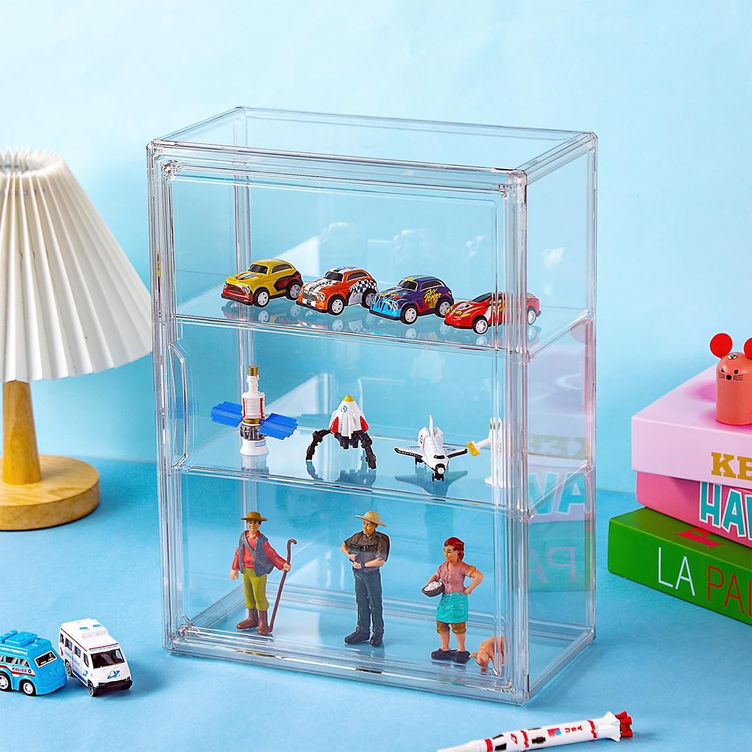 Clear Acrylic Display Case 3 Tier Display Shelf Storage Boxes Cabinet Organizer with Magnetic Door for Figures Toys (4 Pcs，Clear)