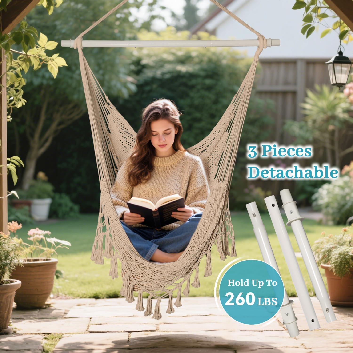 Bathonly Handwoven Cotton Rope Hammock Chair with Metal Spreader Bar, Caribbean Hammock SwingChair,Boho Hanging Chair Bedroom, Indoor Outdoor Swing Chair with Tassle, 260 LBS, Desert Haze