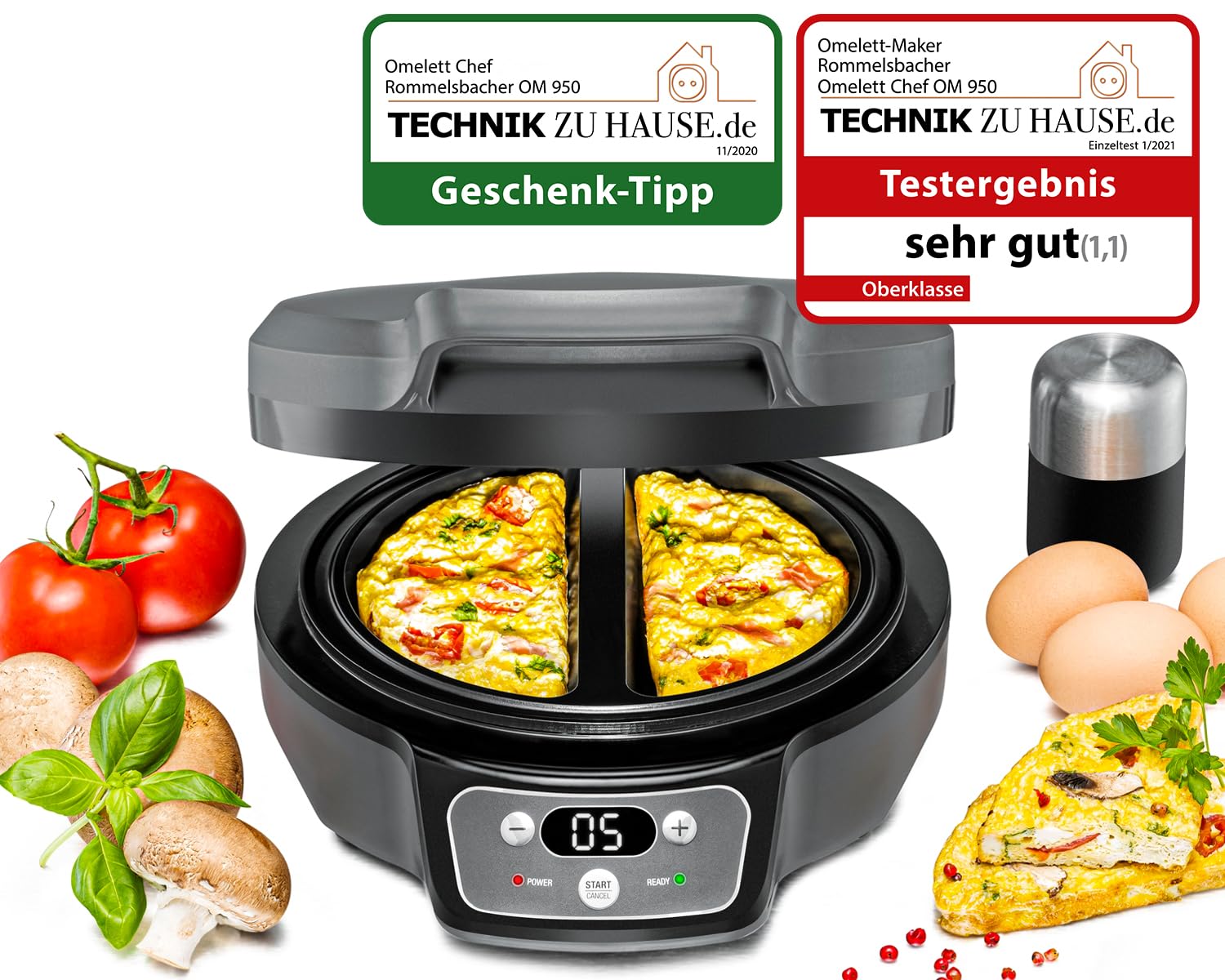 ROMMELSBACHER Omelett Chef OM 950 - Custodia Cool Touch per 2 omelette, rivestimento antiaderente, timer da 20 minuti, display LED, spie di controllo, grondaia, 950 Watt
