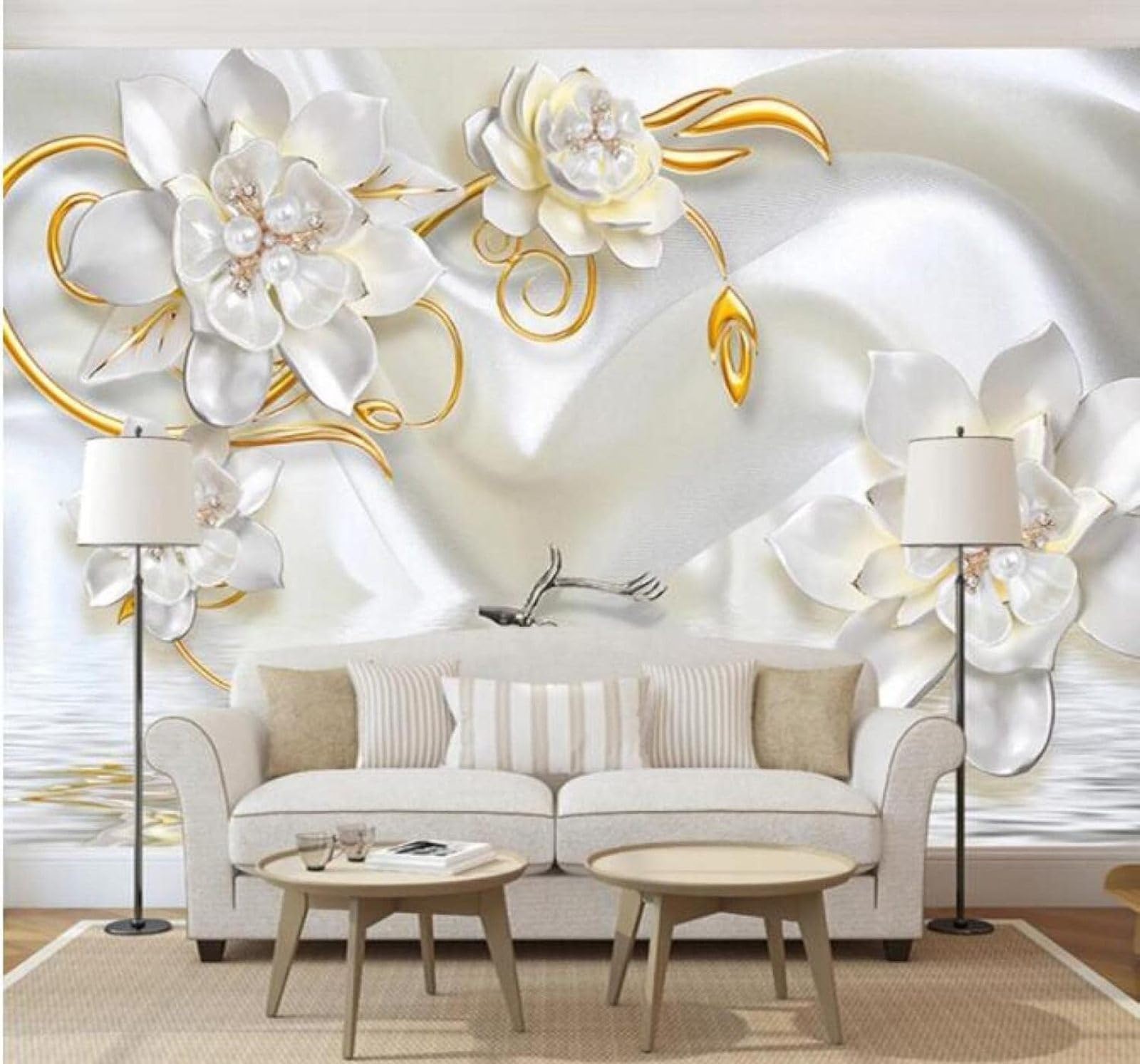 XLMING Exquisite White Jewellery Floral Reindeer 3D Wallpaper Luxury Silk Study Dining Feature Sofa Grey Bedroom Living Room Tv Decorative Wall-250cm×170cm