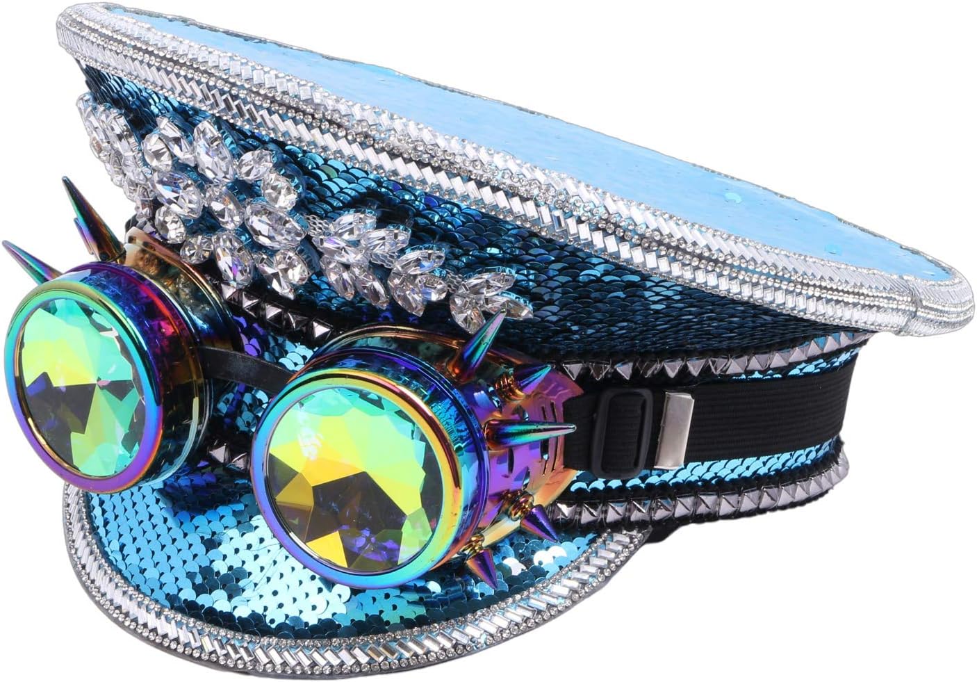 Holographic Goggles Burning Man Festival Hat Marching Band Military Officer Captain Cap Hat for Rave Disco Party Prom Ball EDC, Sequin Jewels Carnival Rave Hat Steampunk Goggles Blue Silver