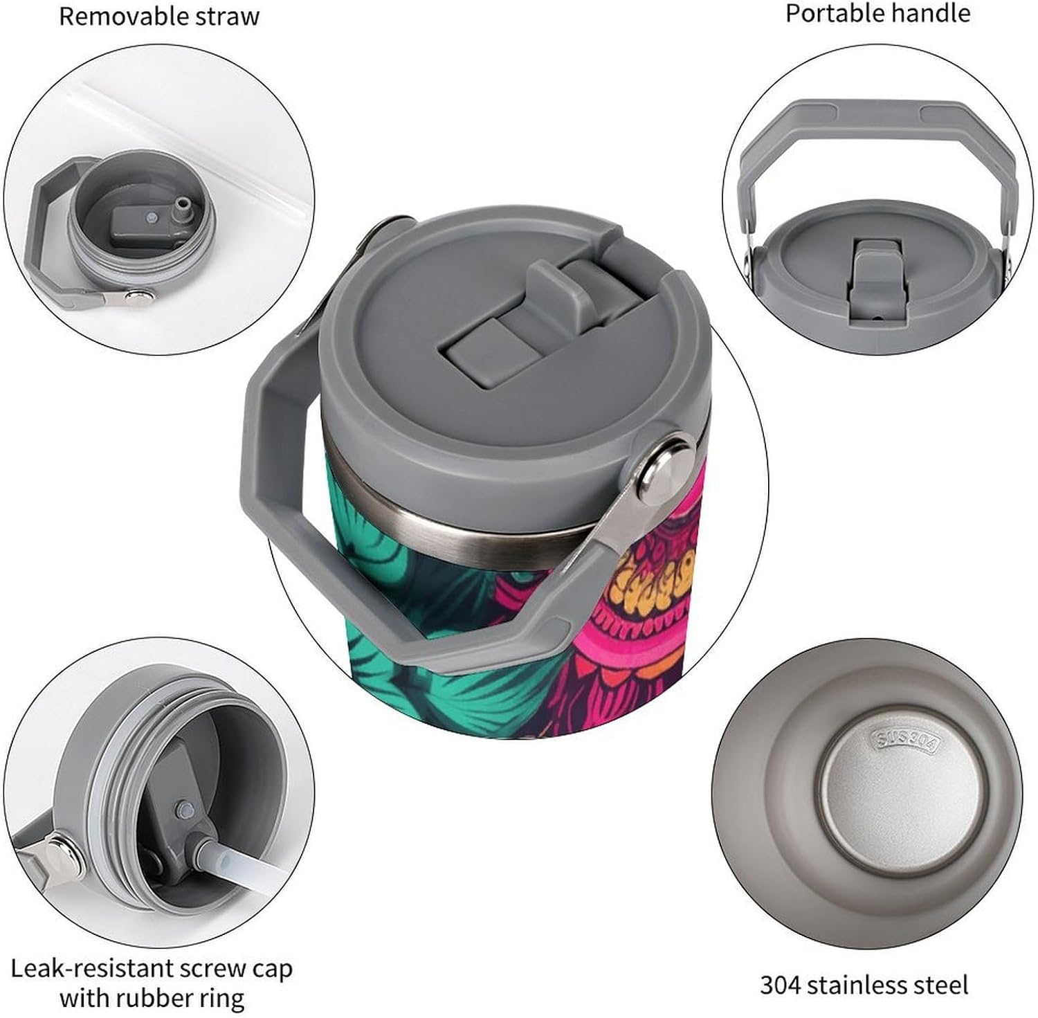 Boho Mandala Colorful Flowers Water Bottle 30 Oz Fits Car Cup Holder,Insulated Coffee Mug Large Capacity Car Cups,Stainless Steel Double Wall Sport Bottle for Travel Sports Gym