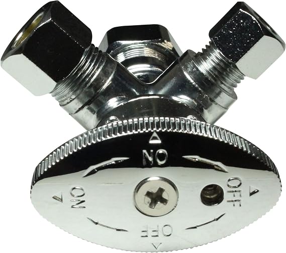 Dual Compression Outlet Angle Stop Valve, Plumbing Fitting, Quarter Turn, Single Handle Multi-Select Positions, Water Valve Shut Off 1/2 inch x (3/8 inch x 1/4 inch)