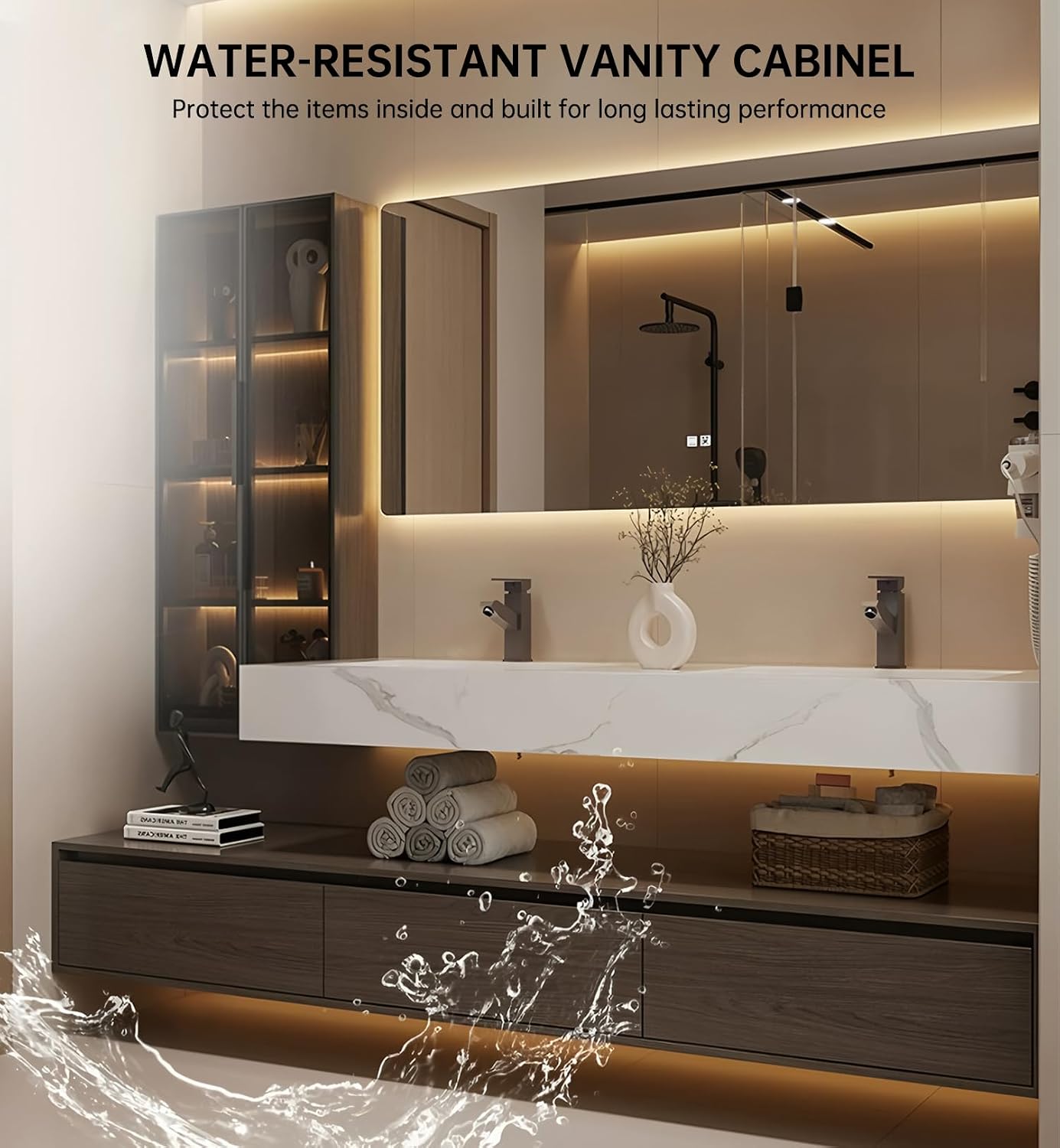 64" Bathroom Vanity with Sink, Floating Bathroom Vanities Includes Smart Defogging Mirror Cabinet and Slate Mable Countertop, Modern Bath Vanity with Glass Side Cabinet, Large Storage Space (Walnut)