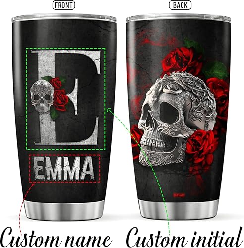 Miniatura 2 de Vaso de café personalizado con inicial de calavera y rosa, taza de viaje con tapa, nombre personalizado, regalos de cumpleaños para mujeres,