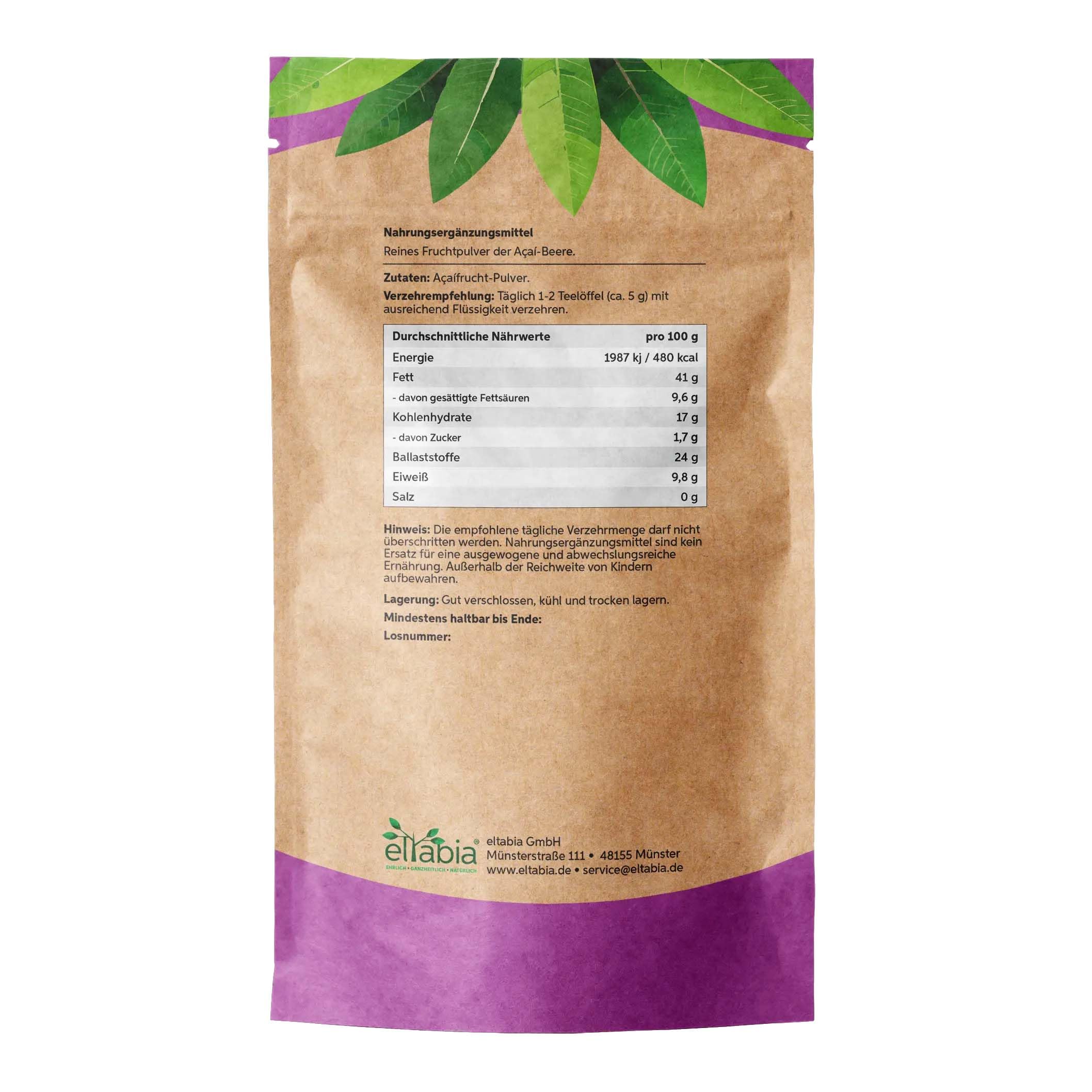 Acai Pulver 500g in Rohkost-Qualität | 100% rein ohne Zusatzstoffe und Vegan | Acaibeeren Pulver ideal für Bowl Smoothie Müsli Saft Sorbet