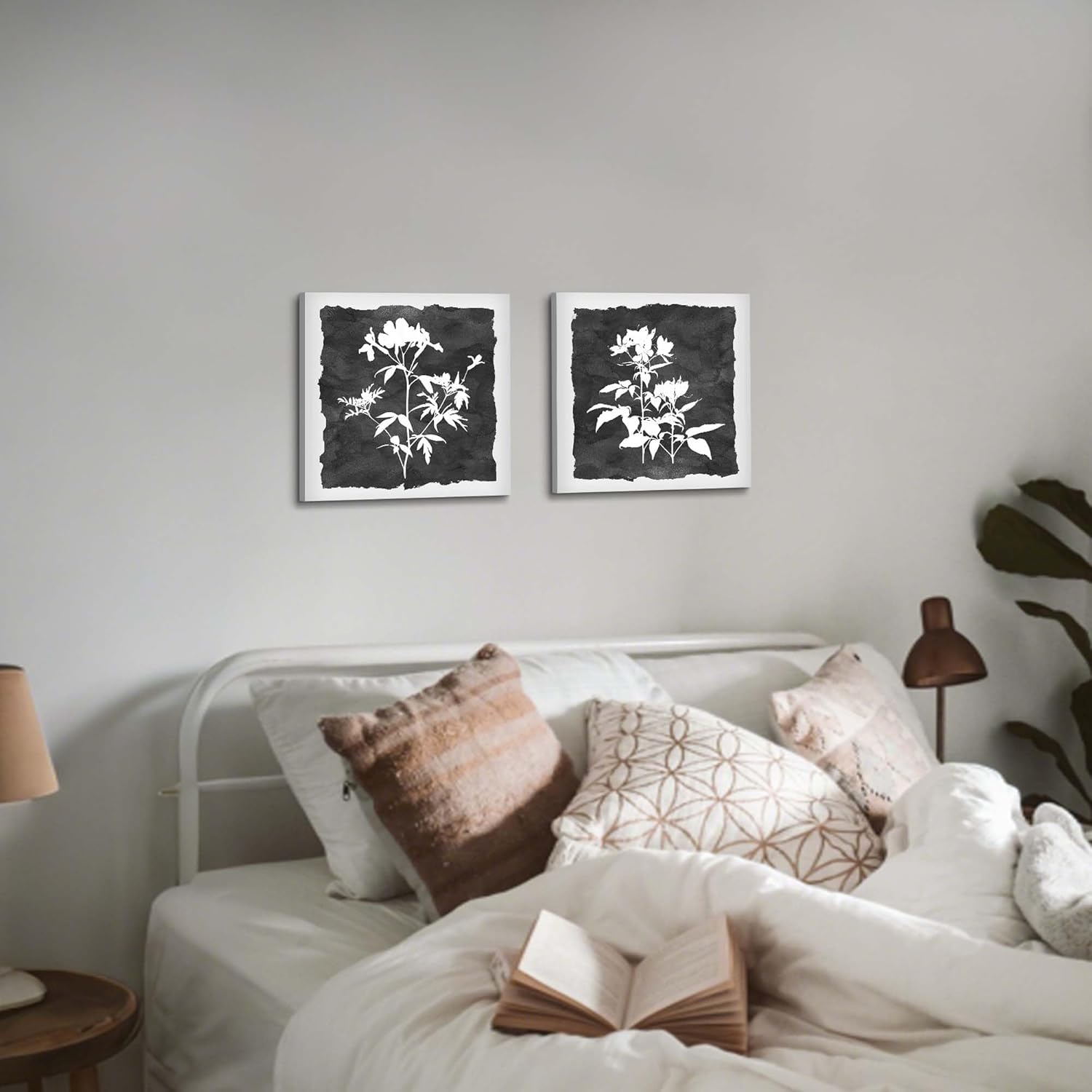 Floral Botanical Canvas Wall Art: 2 Piece Black and White Flower Picture Prints Minimalist Plant Painting Leaf Artwork for Bedroom