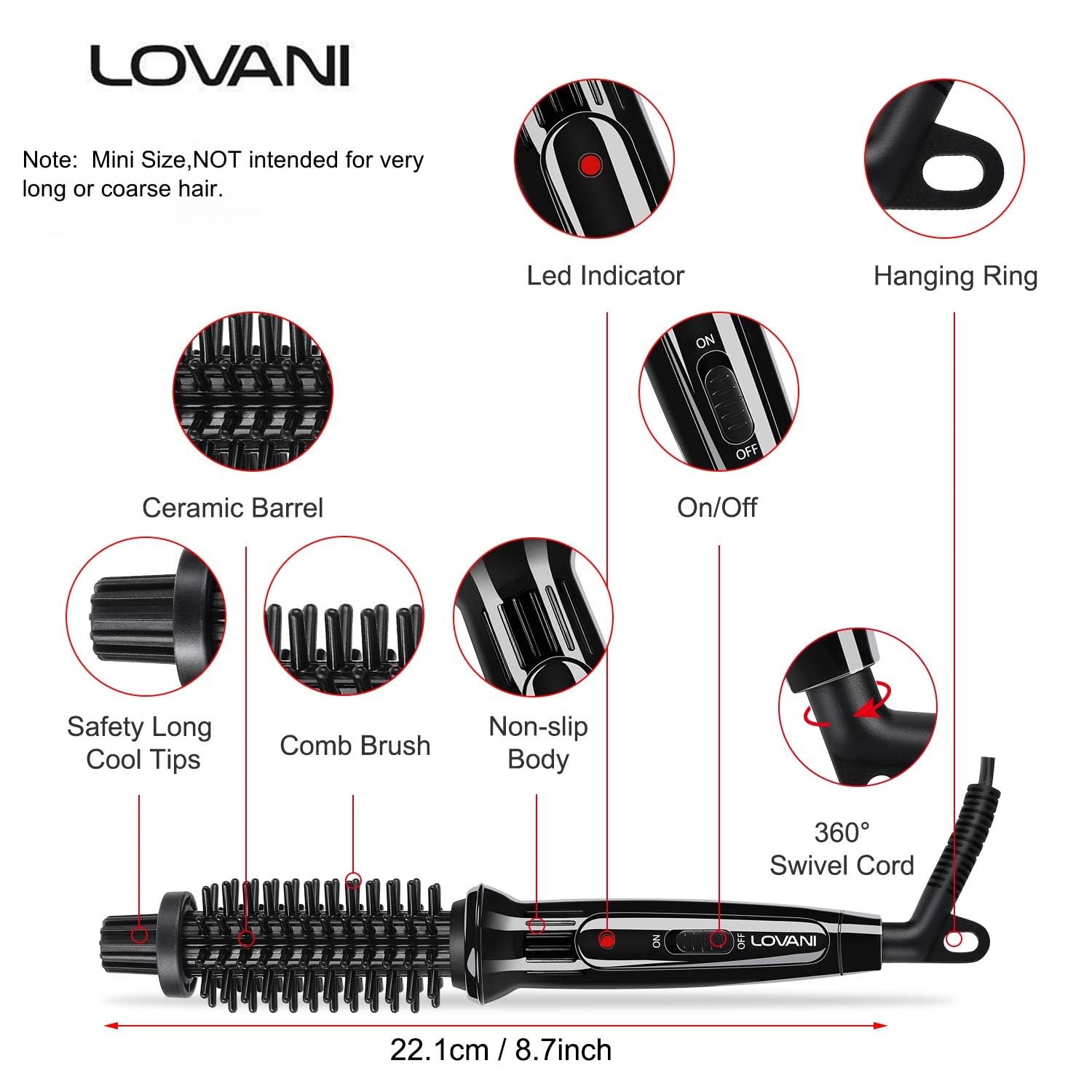 LOVANI Mini Travel Curling Iron Brush 3/4 Inch, Small Curling Brush for Short Hair, Bangs & Fine Hair, Portable Anti-Scald Hot Curler, Dual Voltage with Travel Bag - Image 2