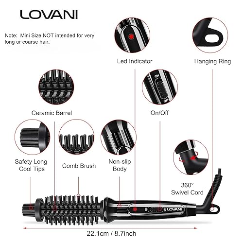 Vista 2 de LOVANI Mini cepillo de rizador de viaje de 3/4 pulgadas, cepillo pequeño para cabello corto, flequillo y cabello fino, rizador caliente portátil