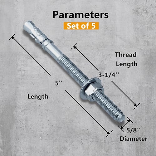 Miniatura 128 de Party Animals Anclaje de cuña de 3/8 x 5 pulgadas, 5 pernos de anclaje industriales cincados para cemento, hormigón