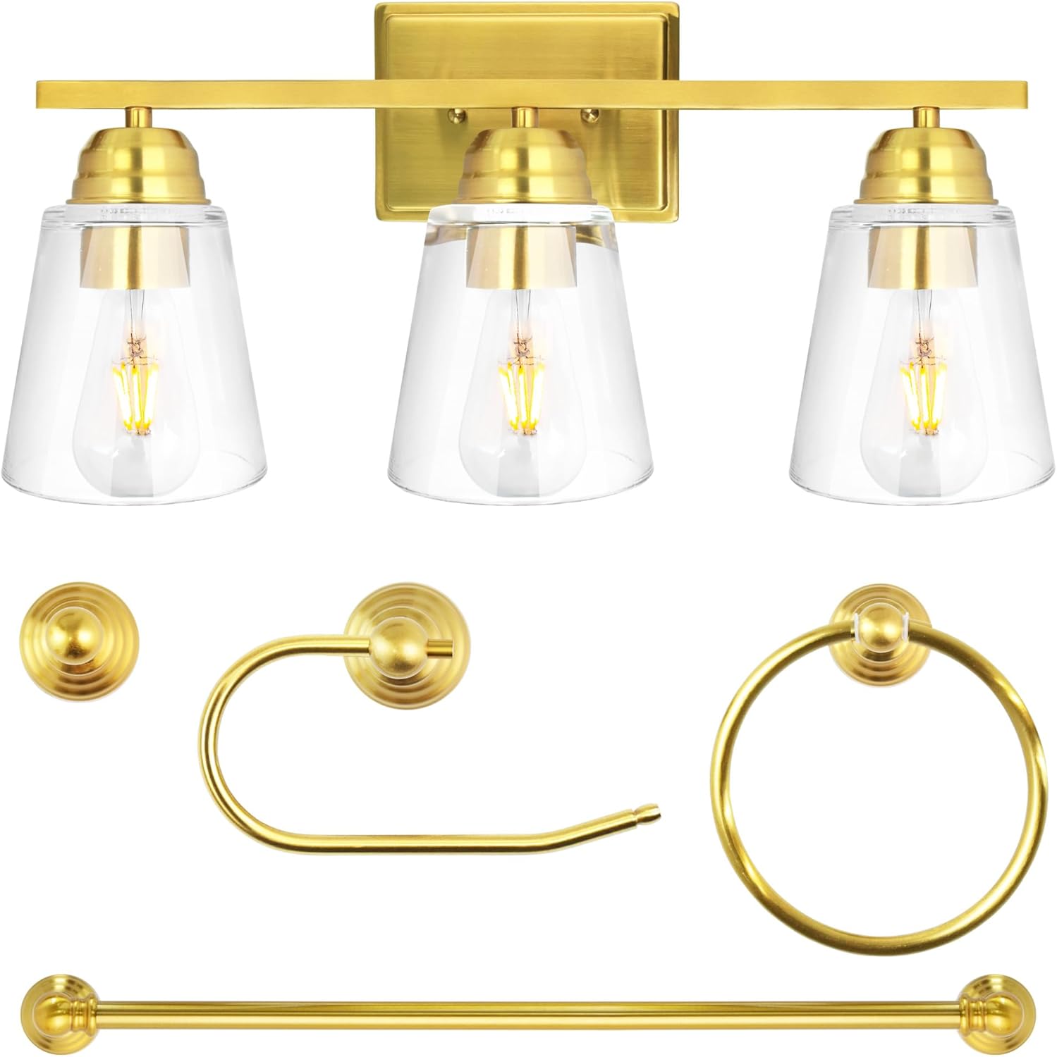hykolity 3-Light Vanity Light Fixture, 5-Piece All-in-One Bathroom Set with Towel Bar, Ring, Robe Hook & Toilet Paper Holder for Bathroom Mirror Lighting, Gold Wall Light with Glass Shade