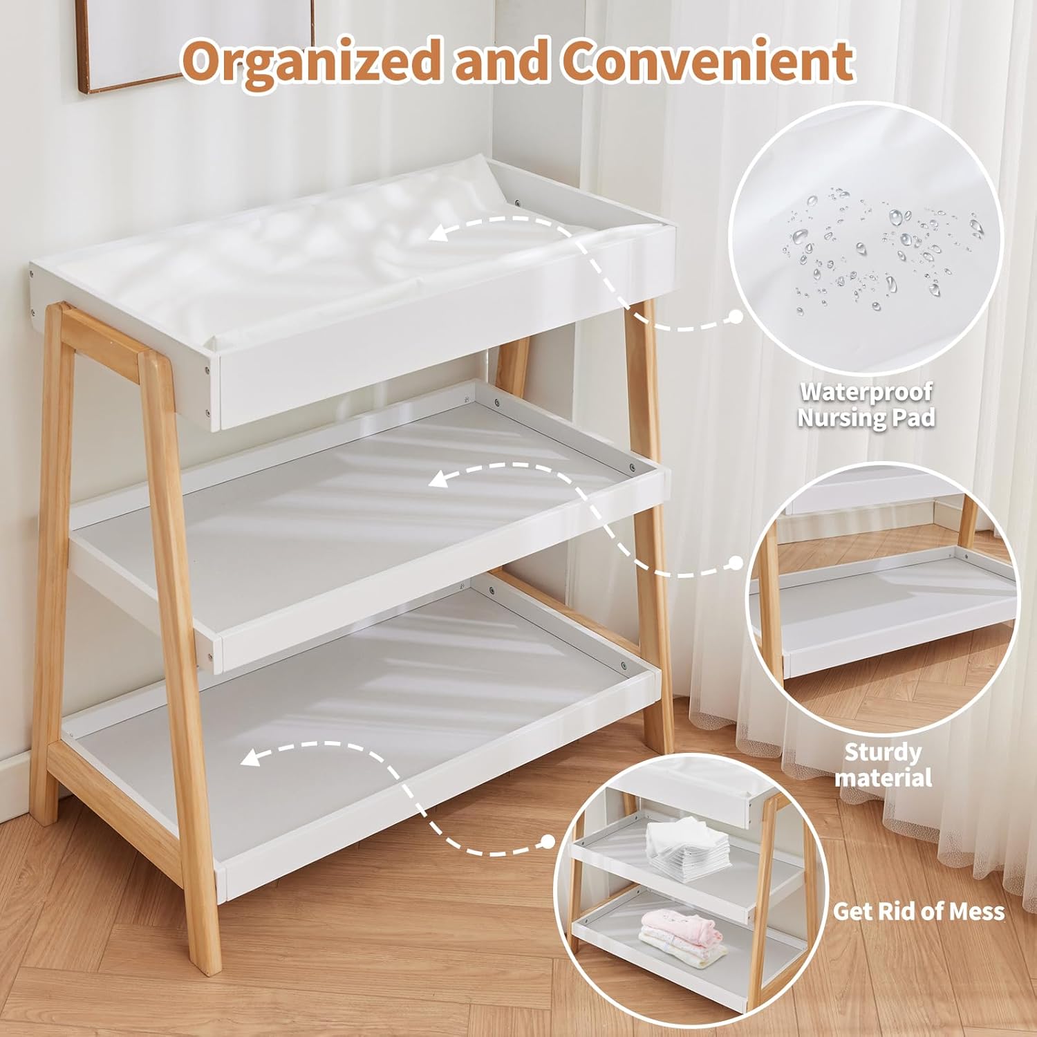 GarveeLife Baby Changing Table, Diaper Changing Table with Changing Pad, Portable Baby Diaper Changing Station with 2 Tier Storage Shelves for Newborn Baby and Infant, White