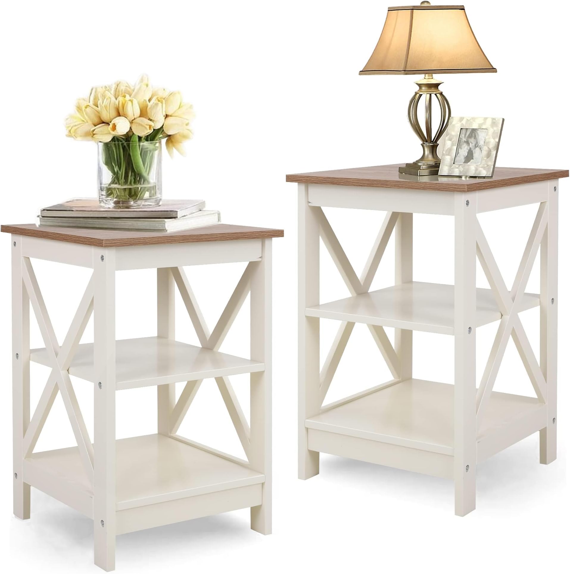 PHI VILLA End Table Living Room Set of 2 - Side Table for Small Spaces Farmhouse Bedside Table, Bedroom Nightstands Set White