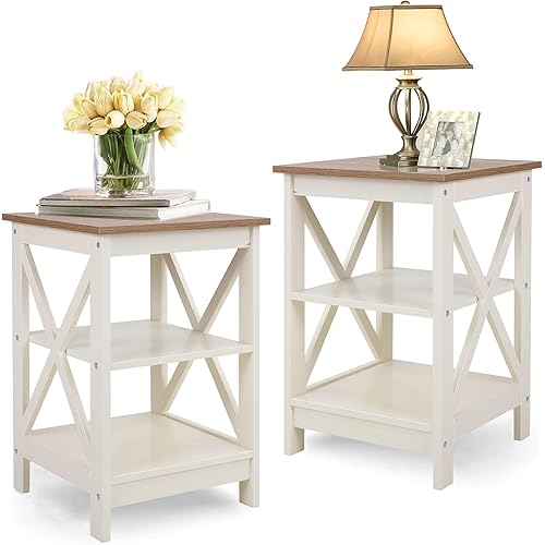PHI VILLA End Table Living Room Set of 2 - Side Table for Small Spaces Farmhouse Bedside Table, Bedroom Nightstands Set White
