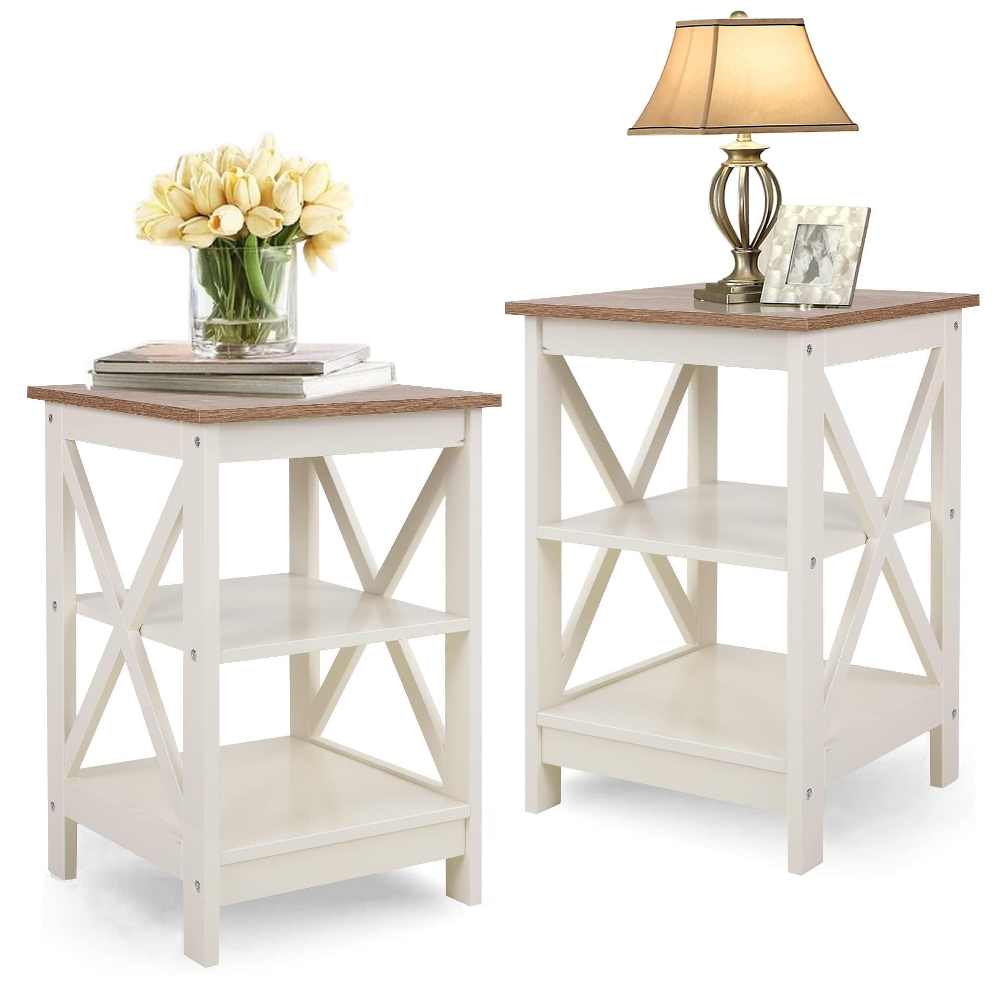 PHI VILLA End Table Living Room Set of 2 - Side Table for Small Spaces Farmhouse Bedside Table, Bedroom Nightstands Set White