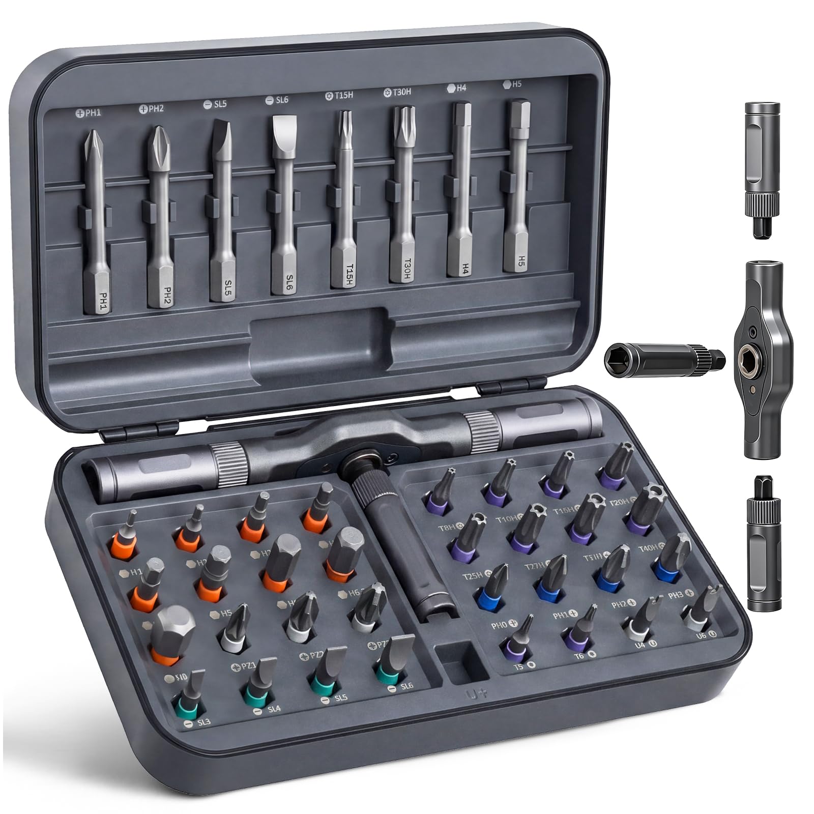 Screwish 42-in-1 Magnetic Ratcheting Screwdriver Set T-Handle Black/Gray | Pivot T-Handle, Magnetic S2 Steel Bits, Ratchet Drive, Furniture Assembly, PC Building, Tight Spaces