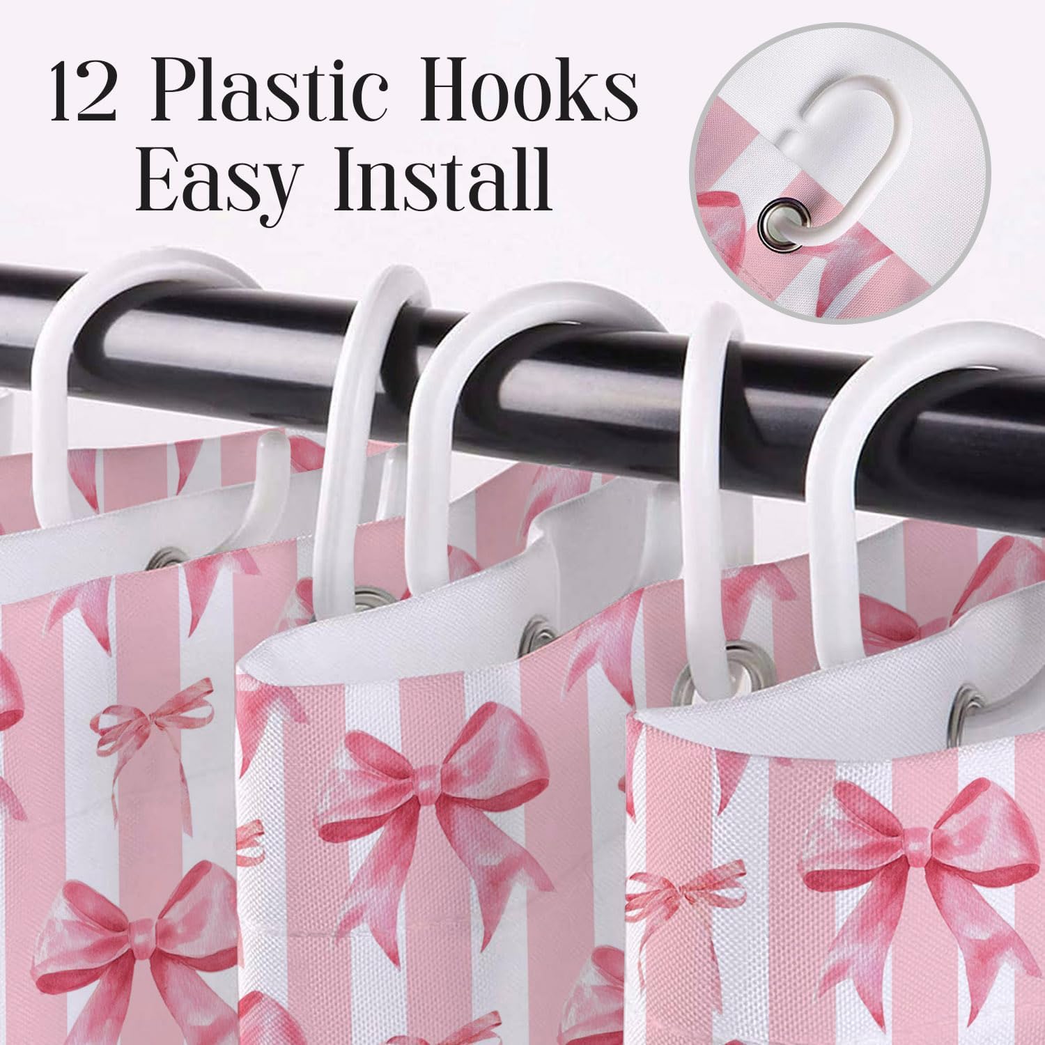 Pink and White Striped Shower Curtain for Bathroom, Cute Pink Bow Girly Modern Aesthetic Shower Curtain Set Minimalist Bathroom Curtains Hooks Included, 72W x 78L inches