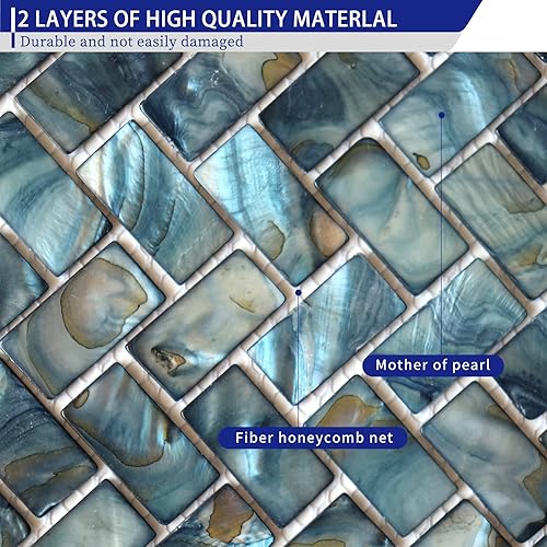 Miniatura 10 de MOP Azulejo de mosaico de metro de nácar para despegar y pegar, para sala de estar, fondo de pared y cocina, 12 x 12 pulgadas, azul oscuro, 1 hoja