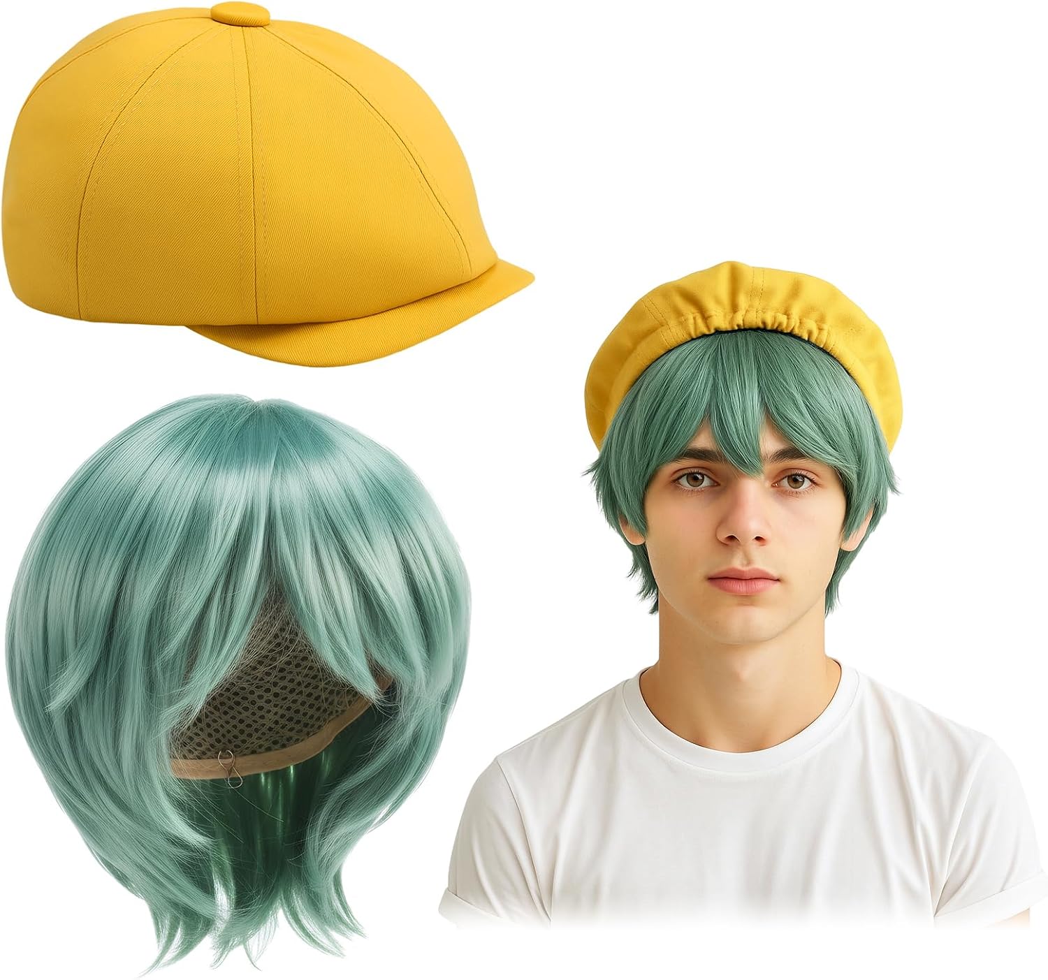Halloween Role Play K-pop Theme Cosplay Costume Accessories Green Wig and Yellow Hat for Adult Costume Outfit Prop