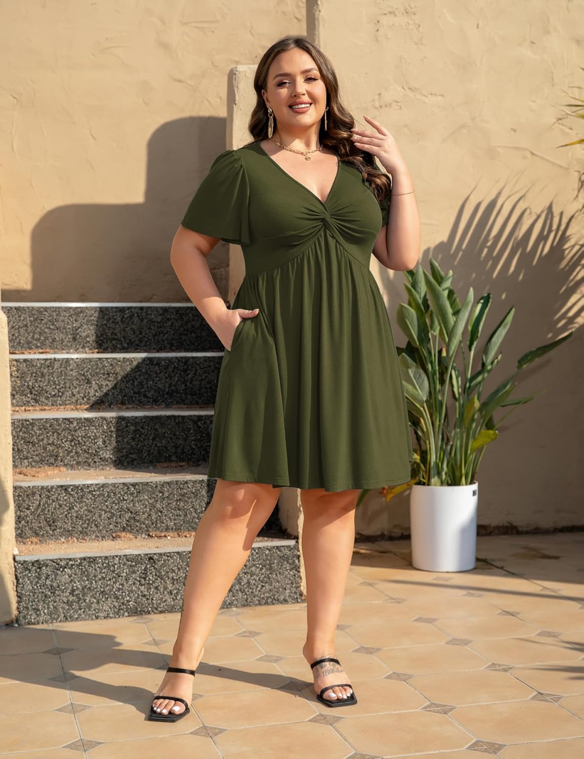 Womens Plus Size Summer Dress Casual Short Sleeves Deep V Neck Twist Knot Front Flowy Dress with Pockets - Image 5
