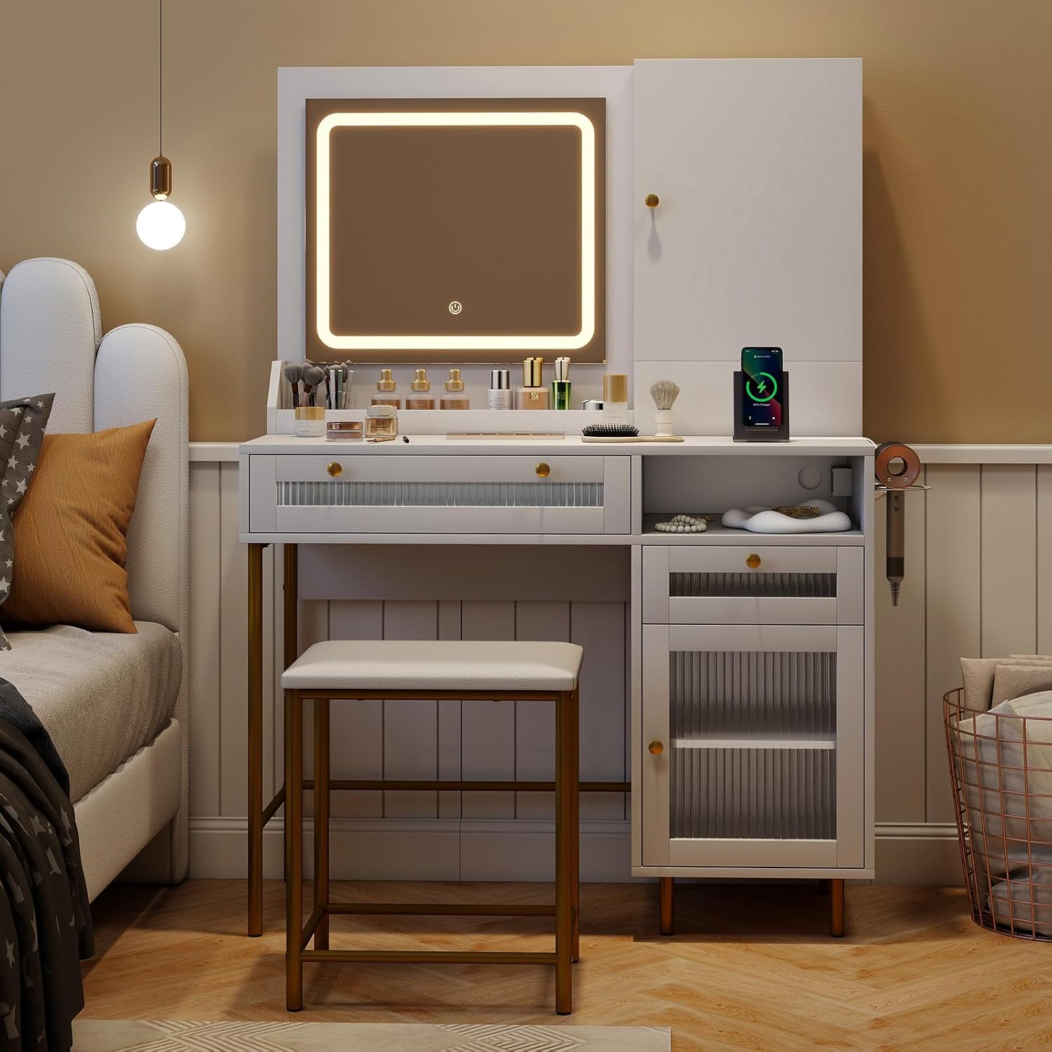 LOKO Vanity Set with Mirror & Lights, Dressing Table and Chair Set with 3 Lighting Modes & Adjustable Brightness, Jewelry Cabinet, 2 Fluted Glass Drawers & 1 Ordinary Drawer, for Bedroom