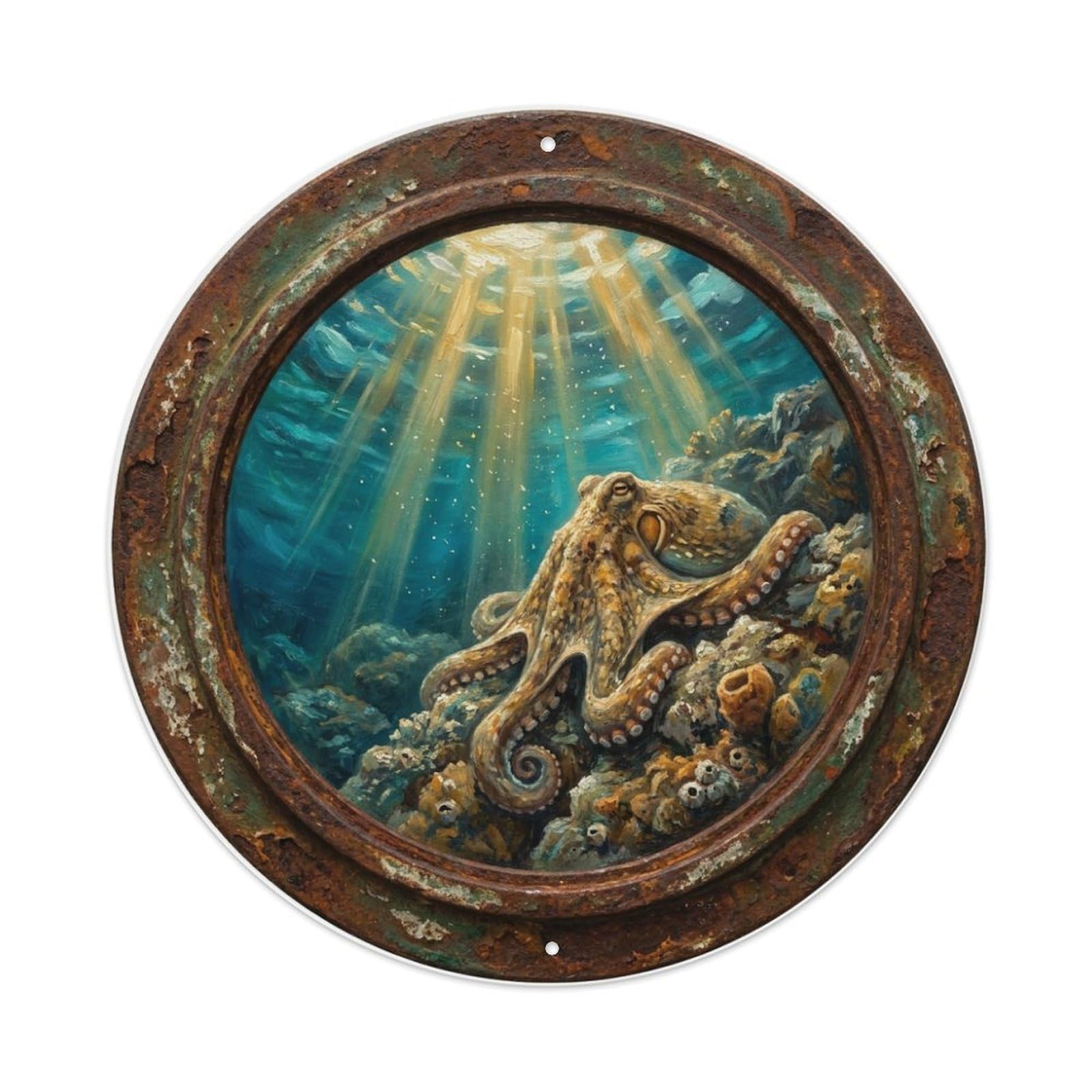 Metal Tin Sign Vintage Porthole Octopus Camouflage Ship Window Undersea Deep Sea