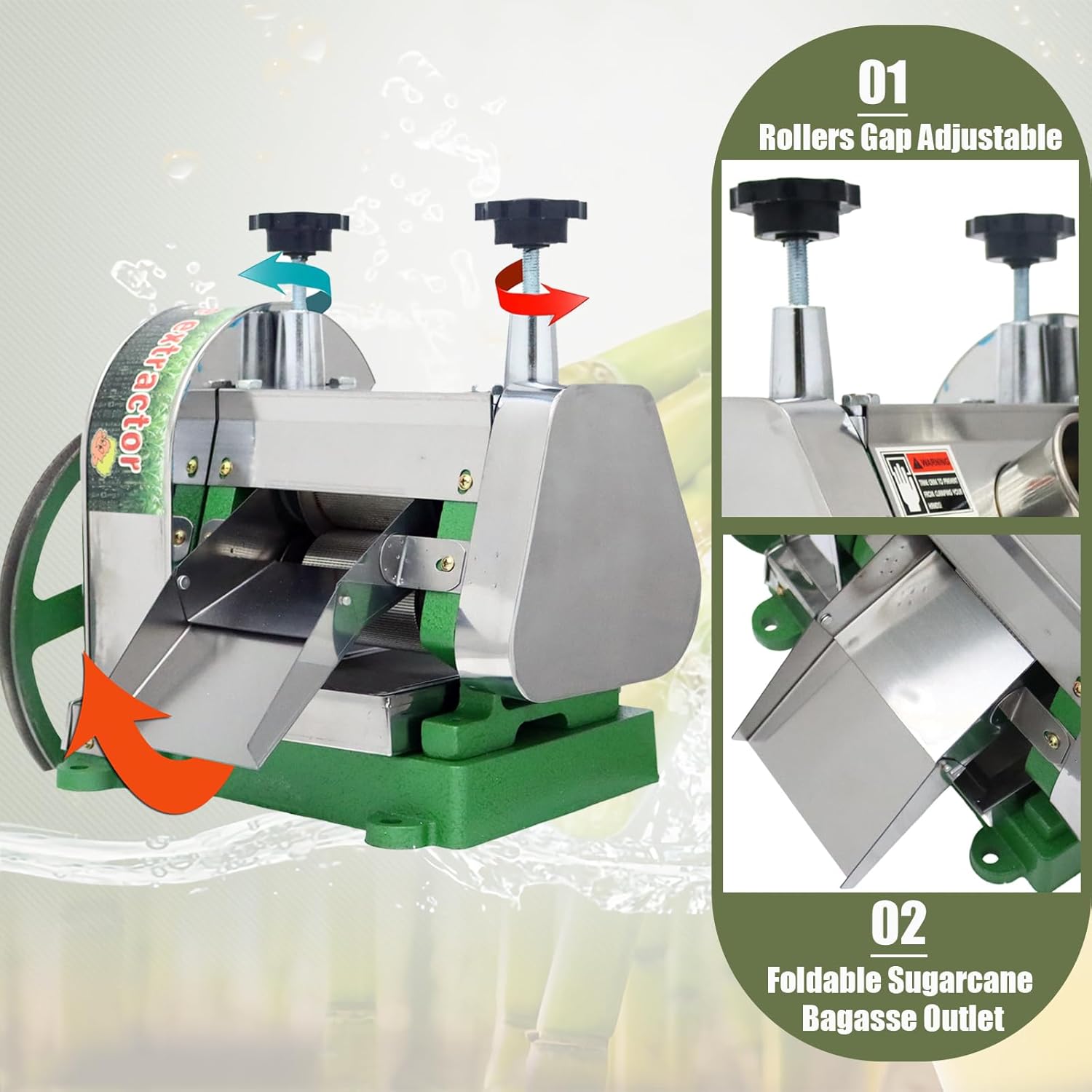 INTSUPERMAI Manual Sugar Cane Juicer Commercial Sugarcane Press Extractor Crusher Squeezer Stainless Steel Sugar Cane Press with Peeling Knives