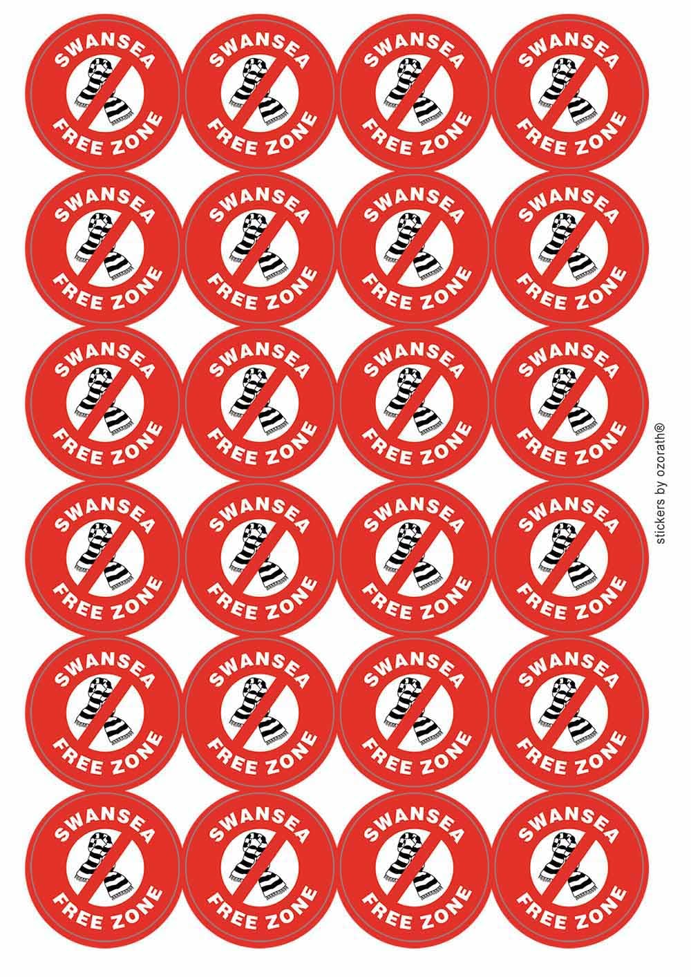 Swansea Free Zone Funny Joke Novelty Circular Matt Paper Stickers A4 Sheet of 24 (Each Sticker is 45mm Diameter)