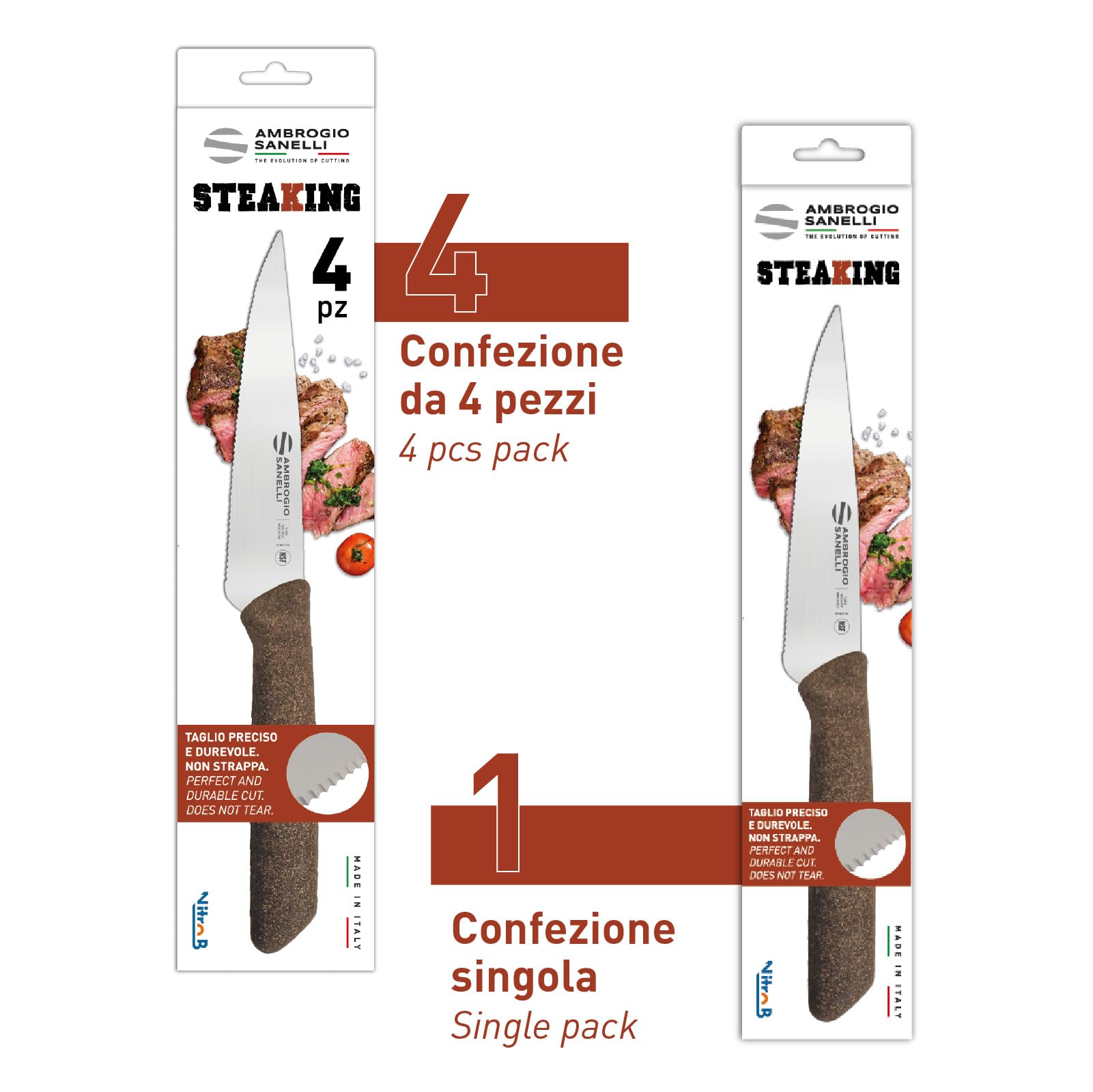 SteaKing Ambrogio Sanelli - Set da 4 - Coltello Bistecca, lama Microdentata cm 13 in Acciaio Inox NitroB e Manico in SEBS, Coltello Professionale, Made in Italy