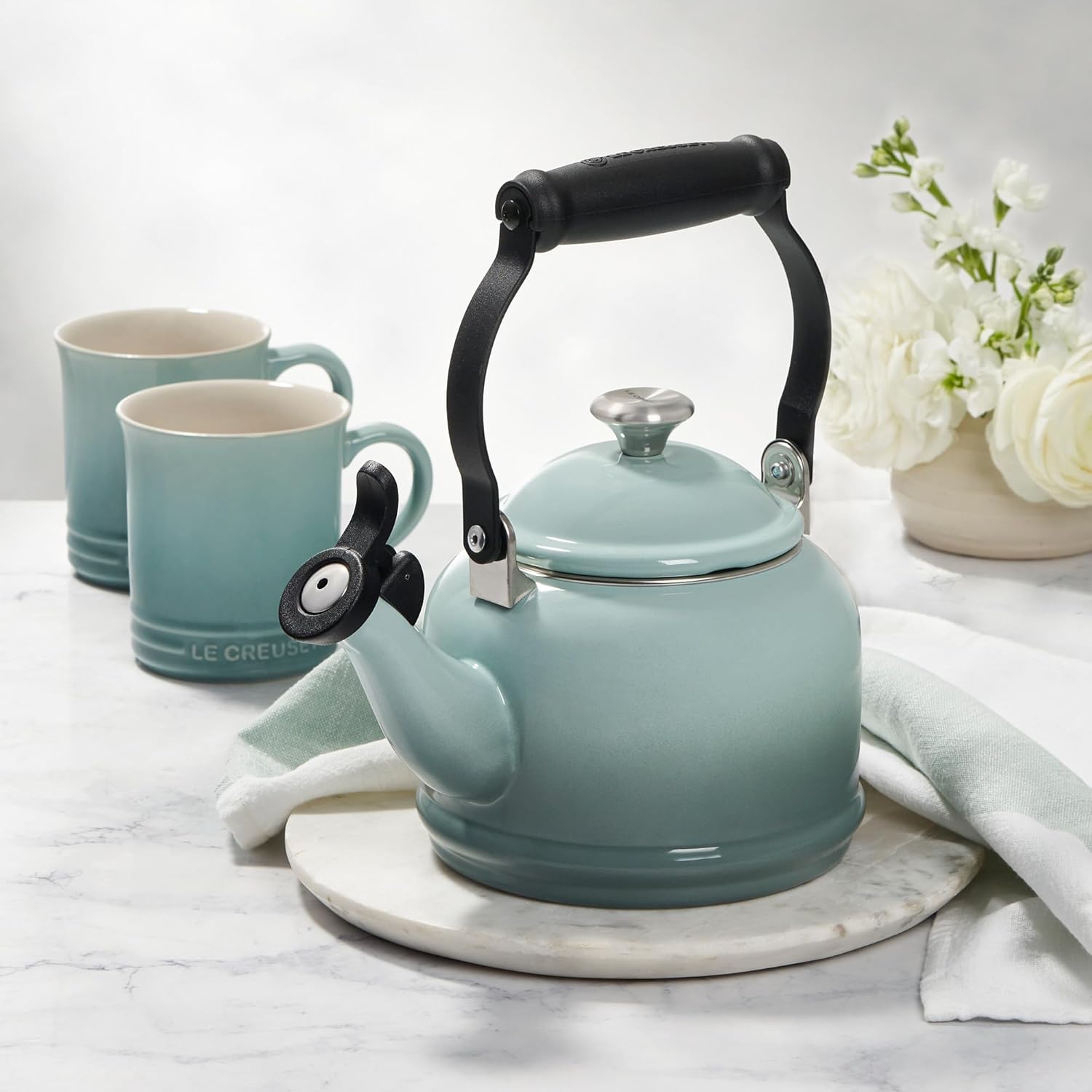 Le Creuset Enamel on Steel Demi Tea Kettle with Gold Finishes, 1.25 qt., Olive