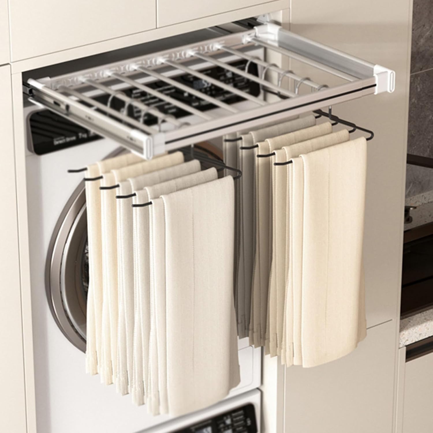 Above Washing Machine Drying Rack - Aluminum Alloy Pull-Out Pants Rack Drawer, Space-Saving Clothes Dryer for 450-600mm, Ideal for Laundry Room Organization,White-450-600mm