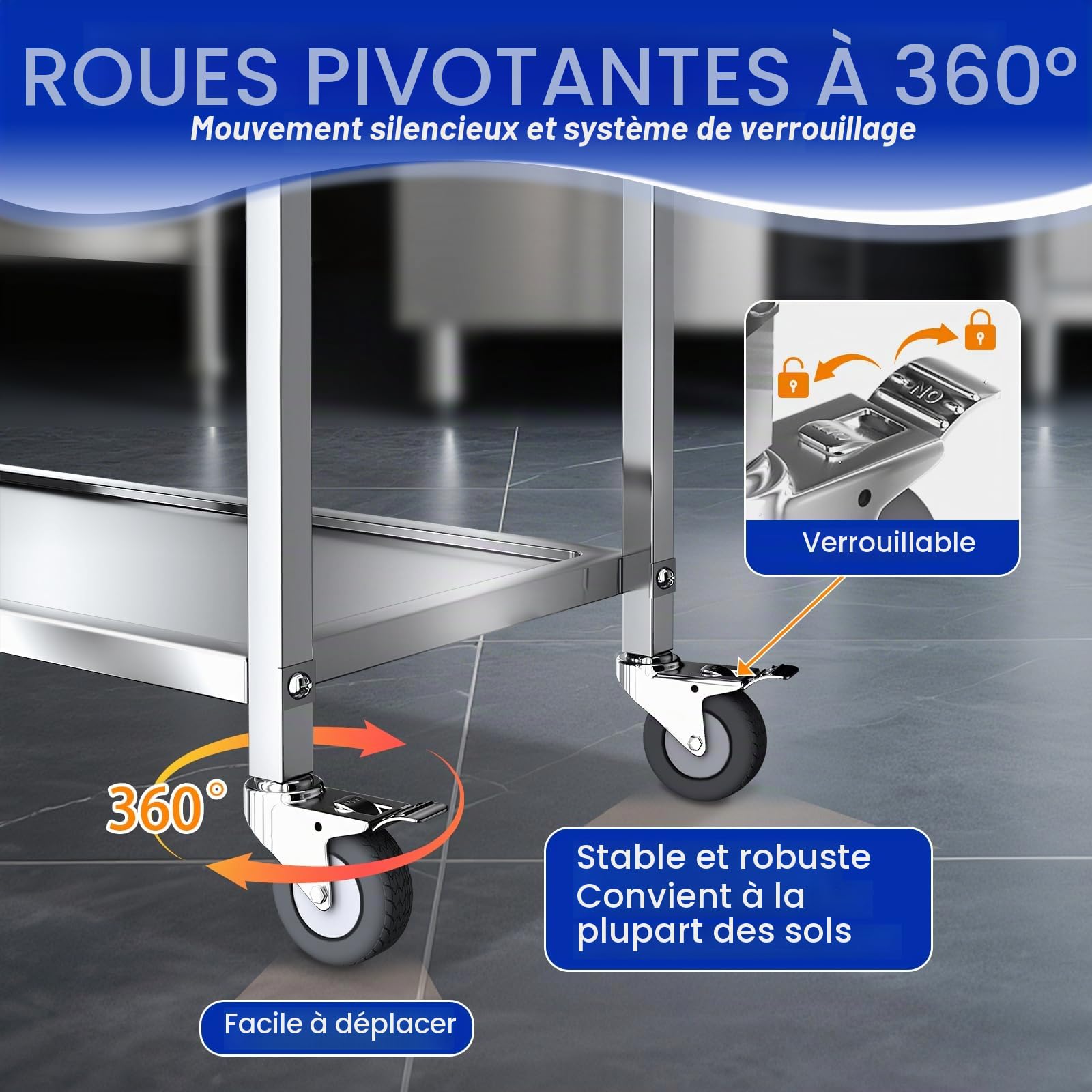 Chariot de Service INOX Service desserte de Cuisine à roulettes avec roulettes, 2 étagères, Chariot de Restaurant (75 * 40 * 83.5cm)