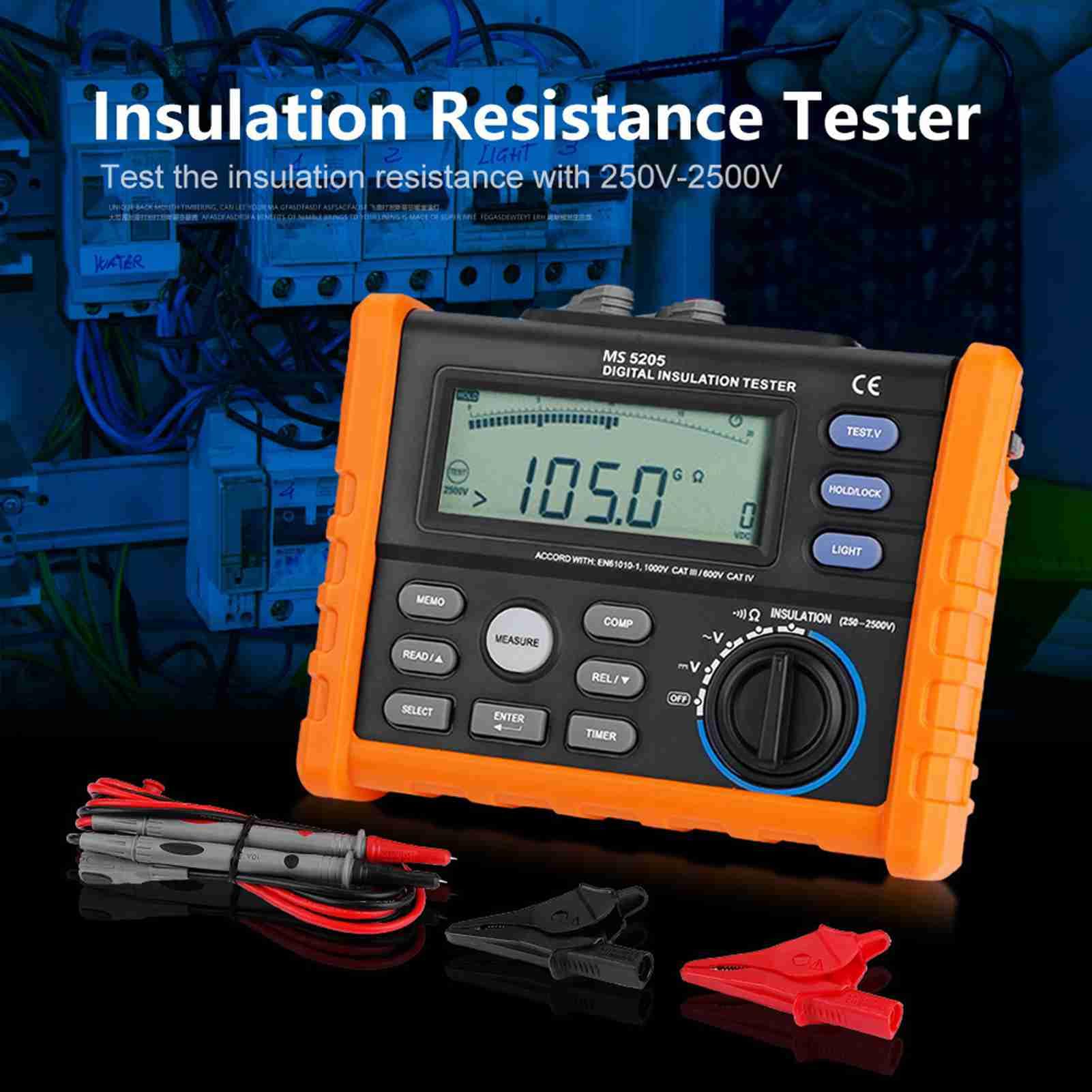 PM5203 Probador de aislamiento digital 0.01MΩ-100GΩ 2500V, probador de resistencia digital, multímetro de resistencia, con pantalla de retroiluminación y apagado automático, cálculo automático de PI y