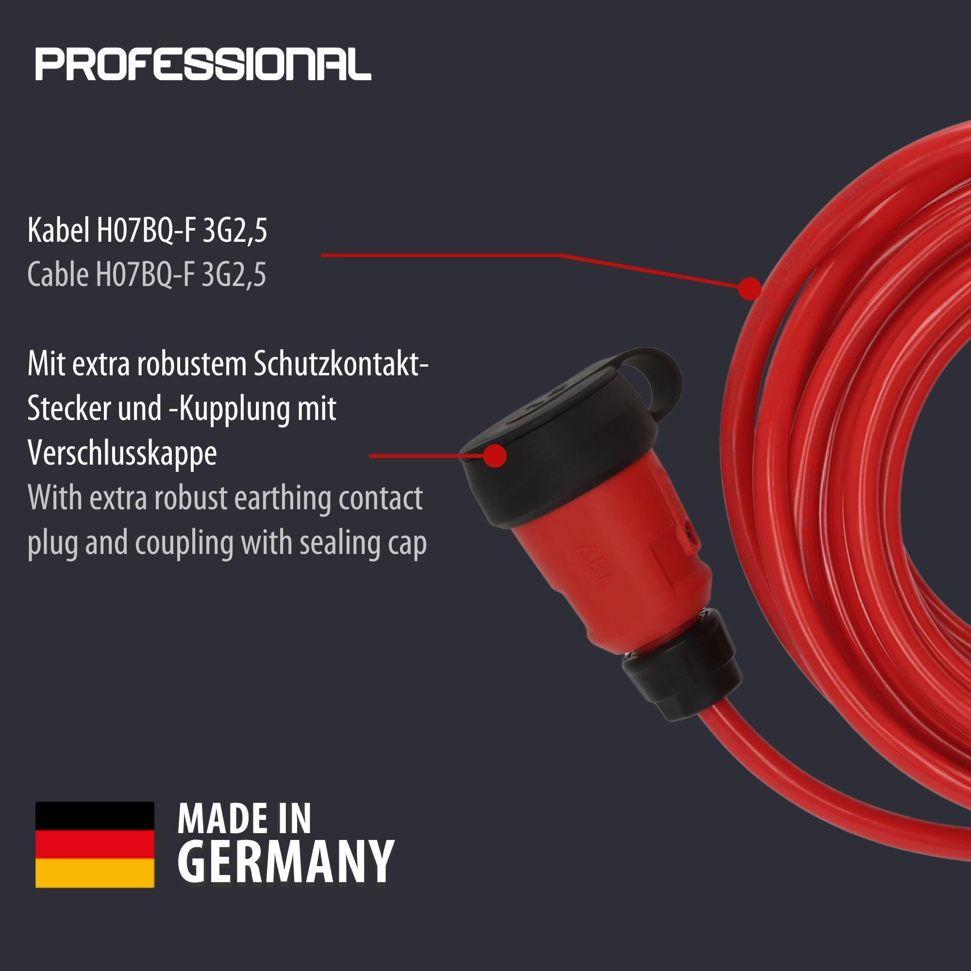 Brennenstuhl Professional Verlängerungskabel VQ 1200 IP44, 10m | Kabel H07BQ-F 3G2,5 in rot, Baustelleneinsatz und ständiger Einsatz im Freien, Made in Germany