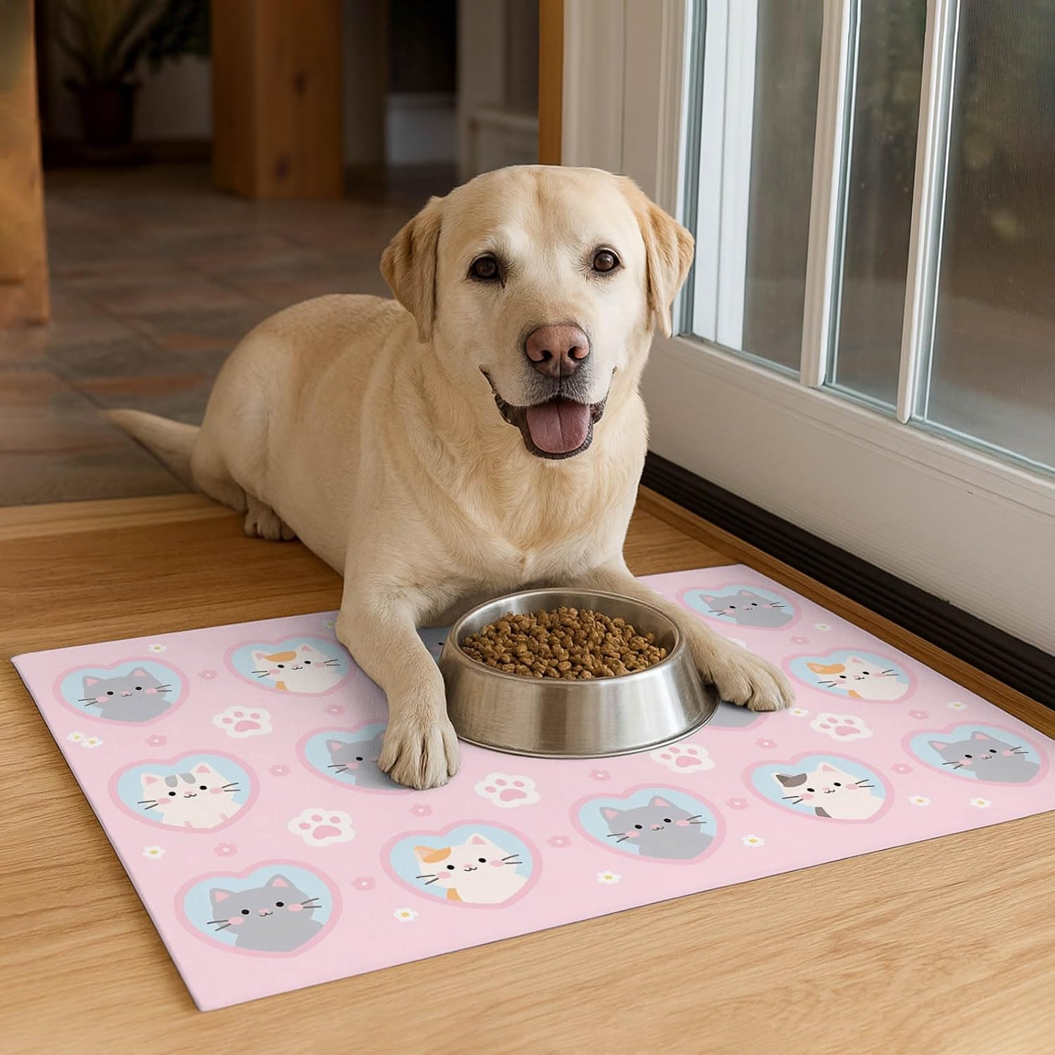 HOMETITUTE Cat Feedings Mats 20x12 inch Pink Kitten Print Pet Bowl Placemat Non Slip Mat for Cat Food and Water Indoor Kitty Feeding Station Cute Cats Meal Mats for Small Pets Kitchen Floor Use